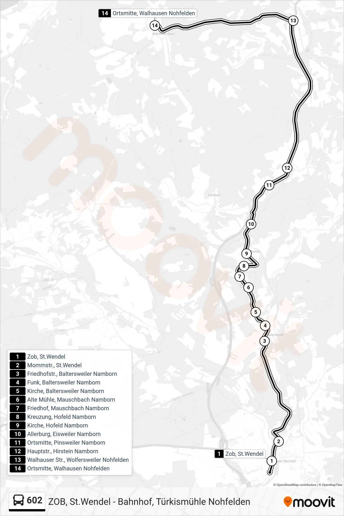 602 bus Line (Walhausen) route and stops on a map