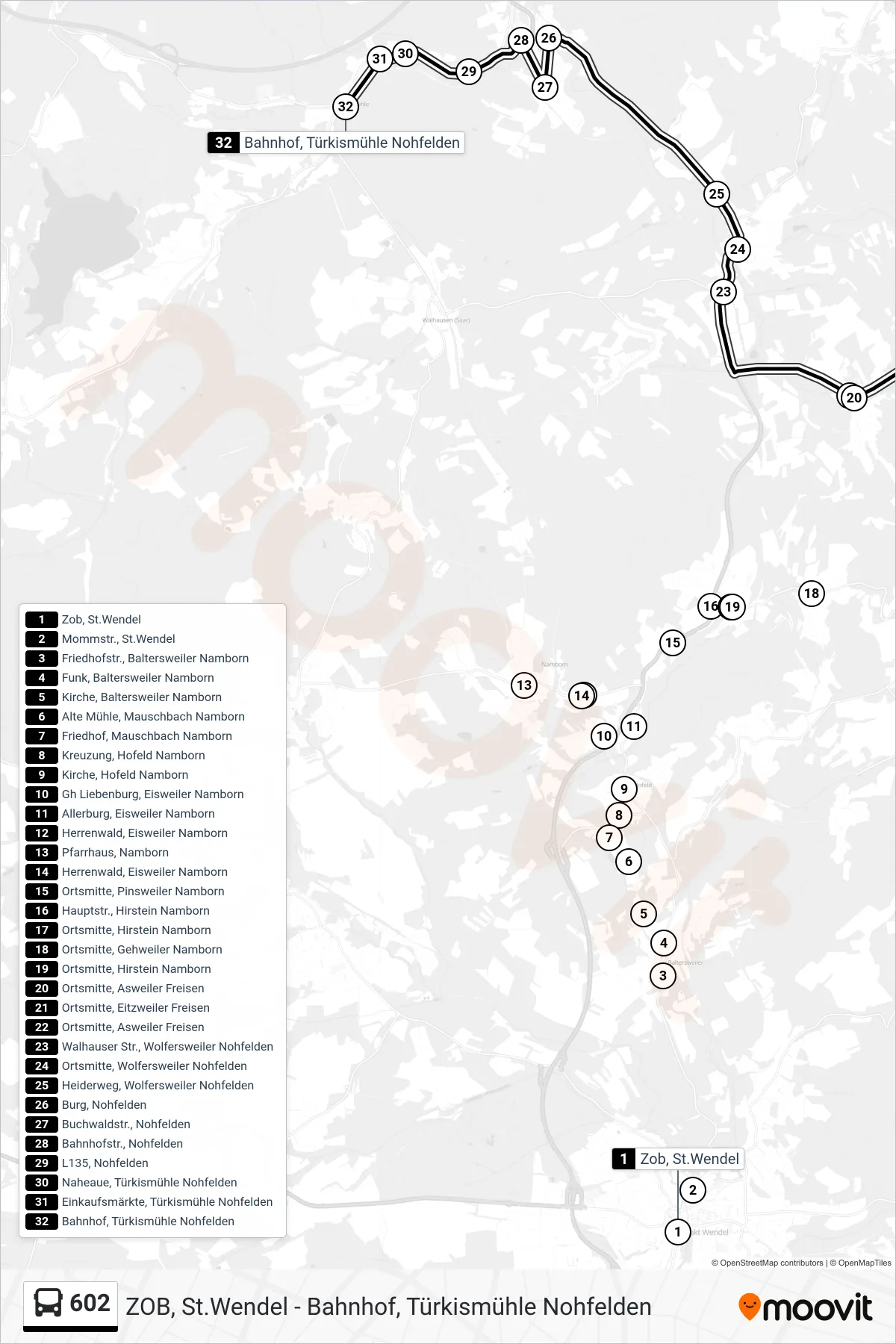 602 bus Line (Bahnhof, Türkismühle Nohfelden) route and stops on a map