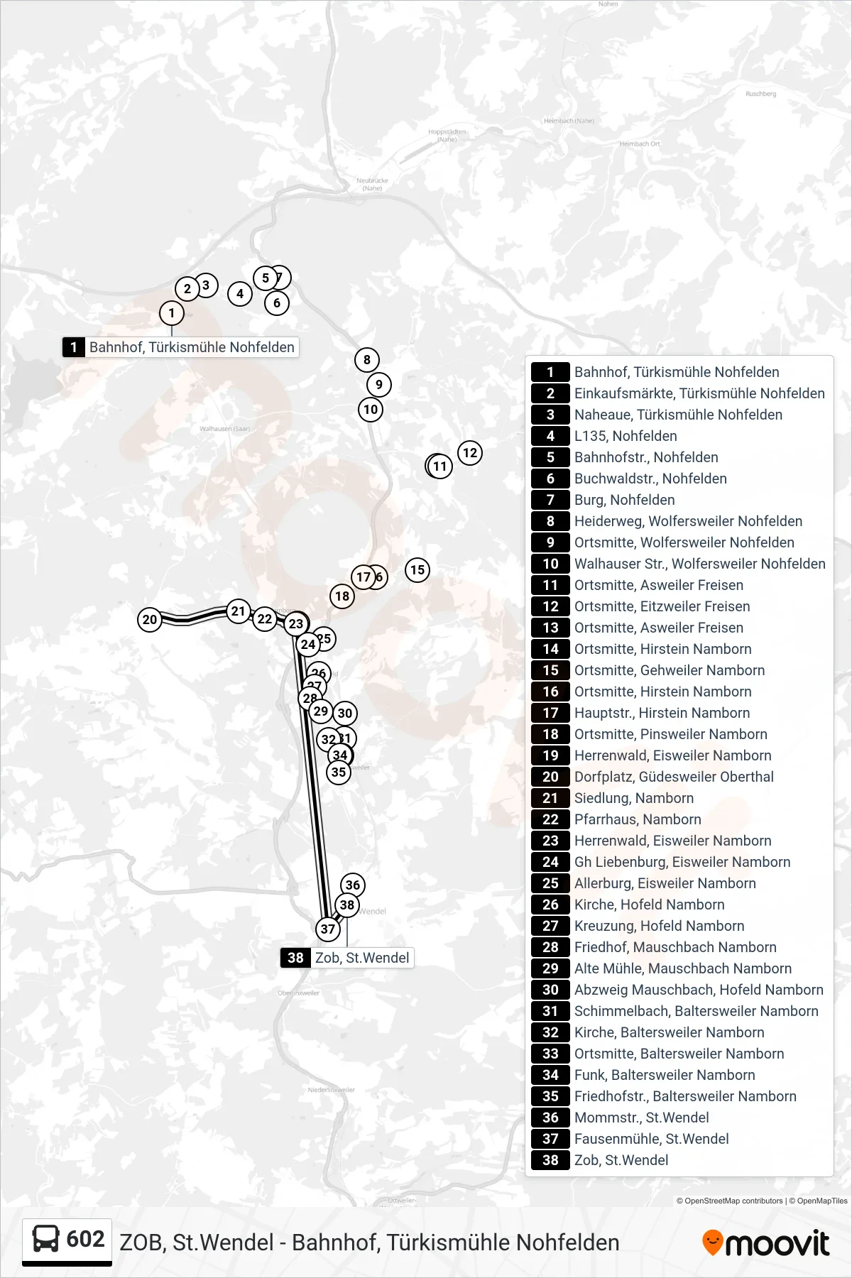 602 bus Line (Zob, St.Wendel) route and stops on a map