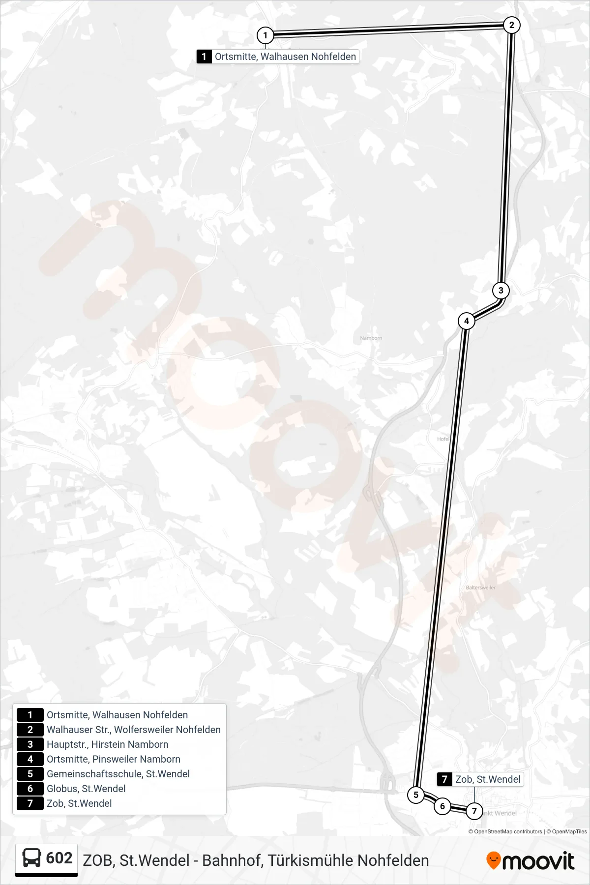 602 bus Line (St. Wendel ZOB) route and stops on a map