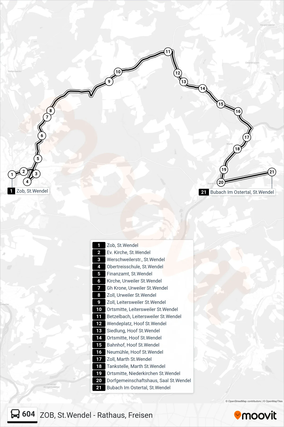 604 bus Line (Bubach Im Ostertal, St.Wendel) route and stops on a map