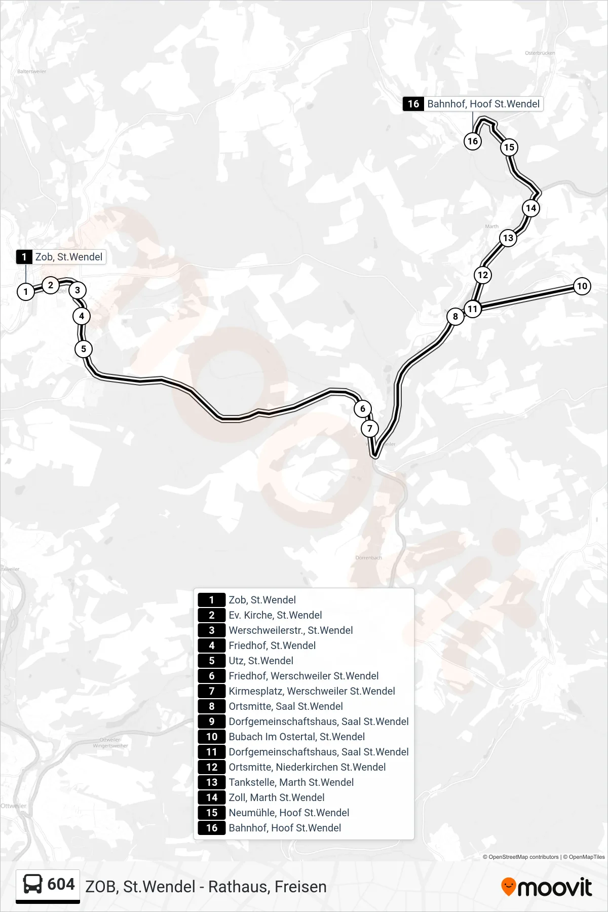 Linie 604 (Bus) Richtung Hoof Bf Ü. Bubach: Route und Haltestellen auf der Karte