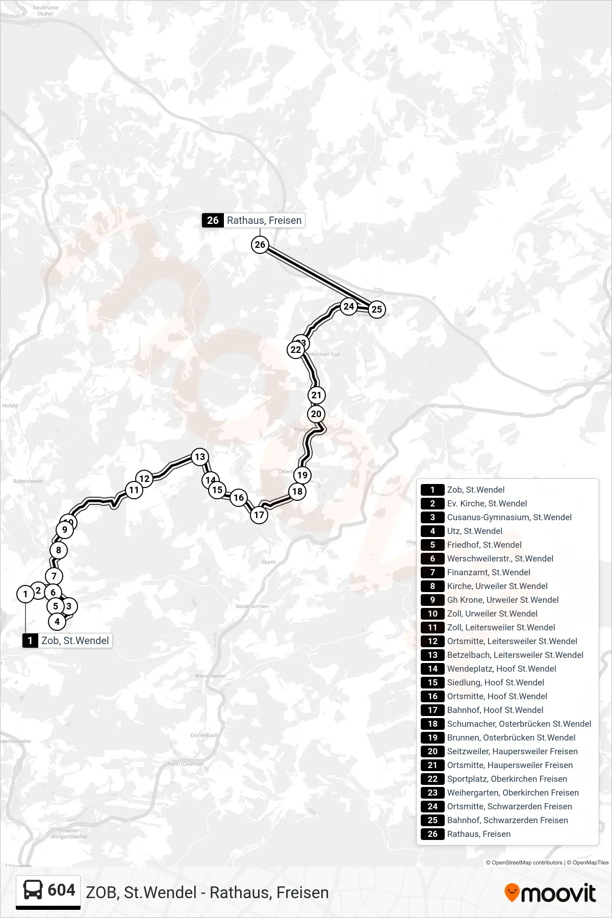 604 bus Line (Rathaus, Freisen) route and stops on a map