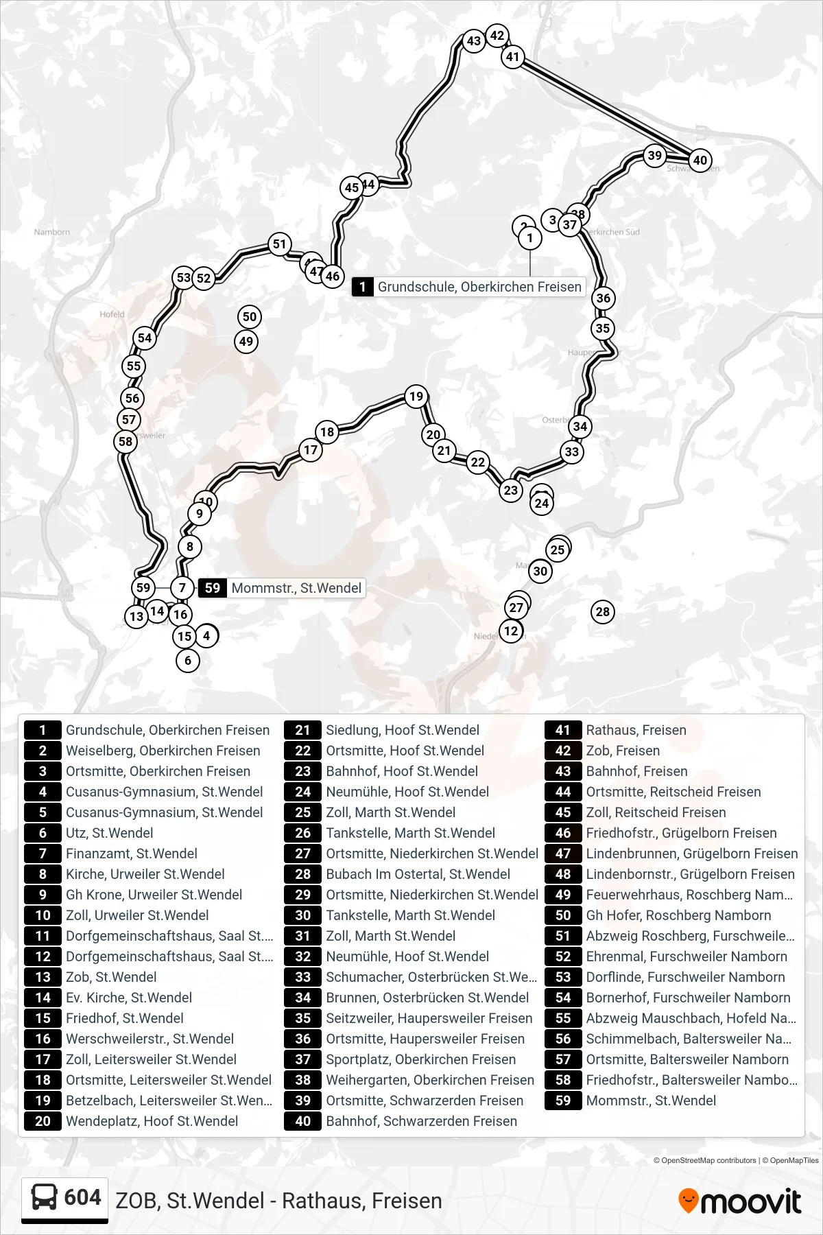 604 bus Line (Zob, St.Wendel) route and stops on a map