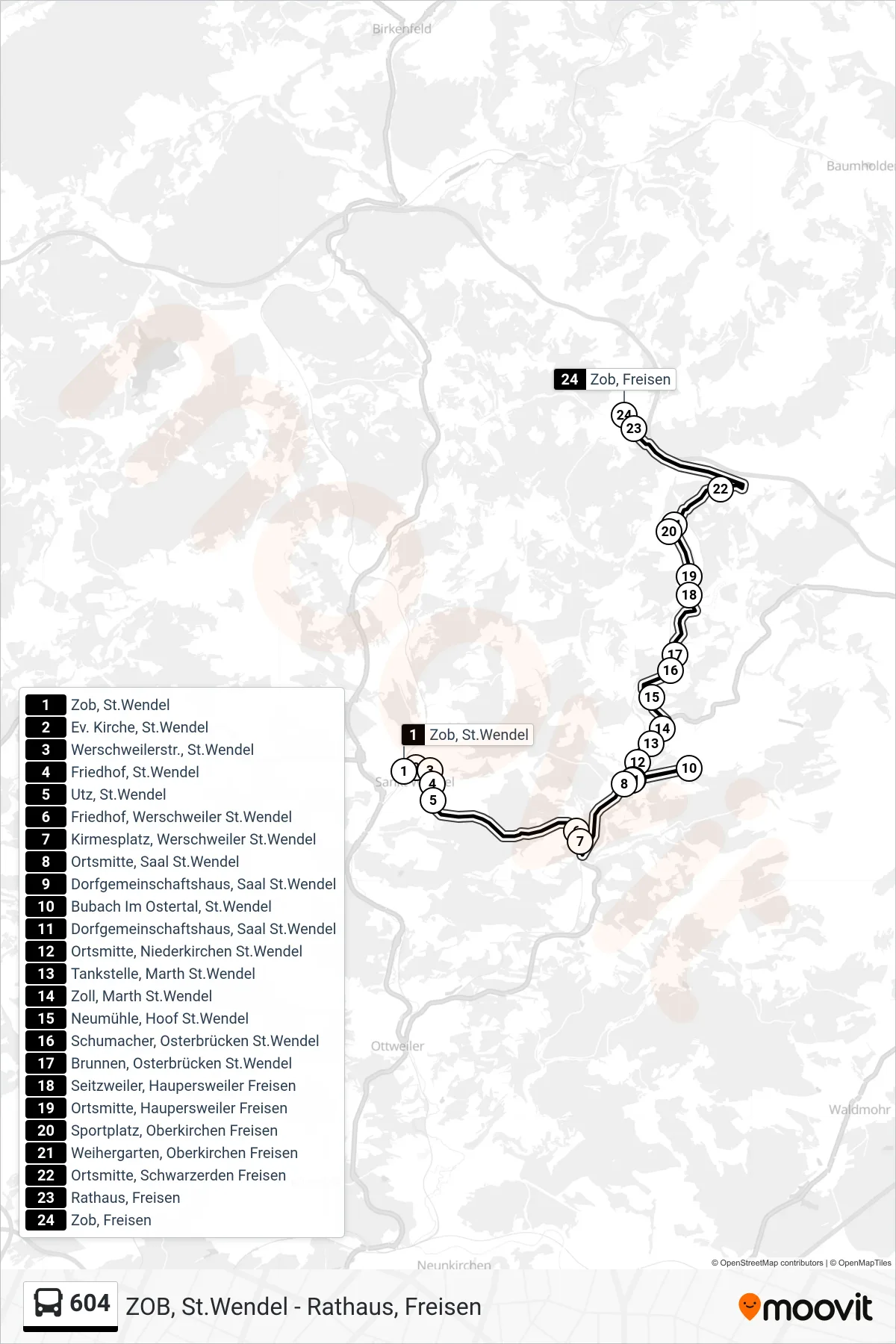 604 bus Line (Zob, Freisen) route and stops on a map