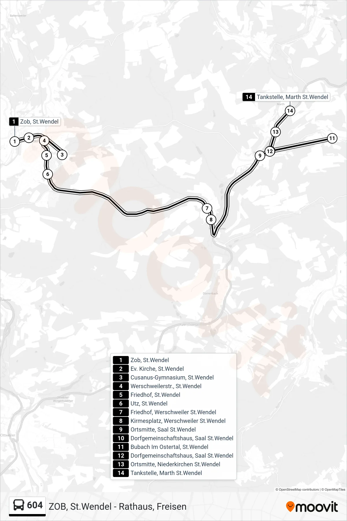 604 bus Line (Marth Ü. Bubach) route and stops on a map