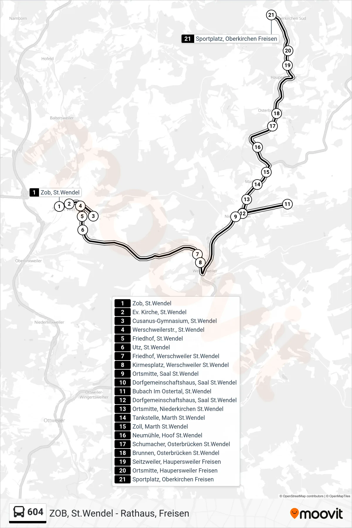 604 bus Line (Sportplatz, Oberkirchen Freisen) route and stops on a map