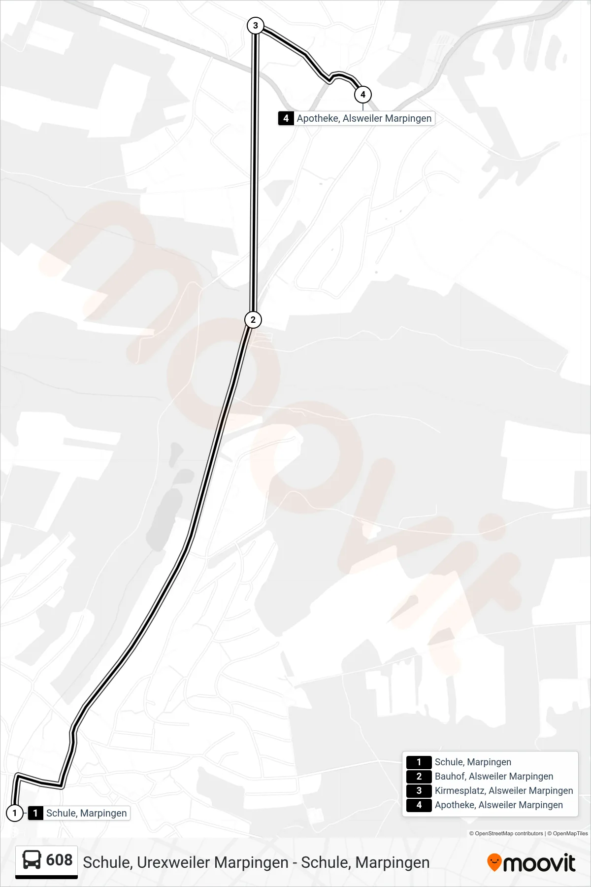 608 bus Line (Alsweiler Kirmesplatz) route and stops on a map