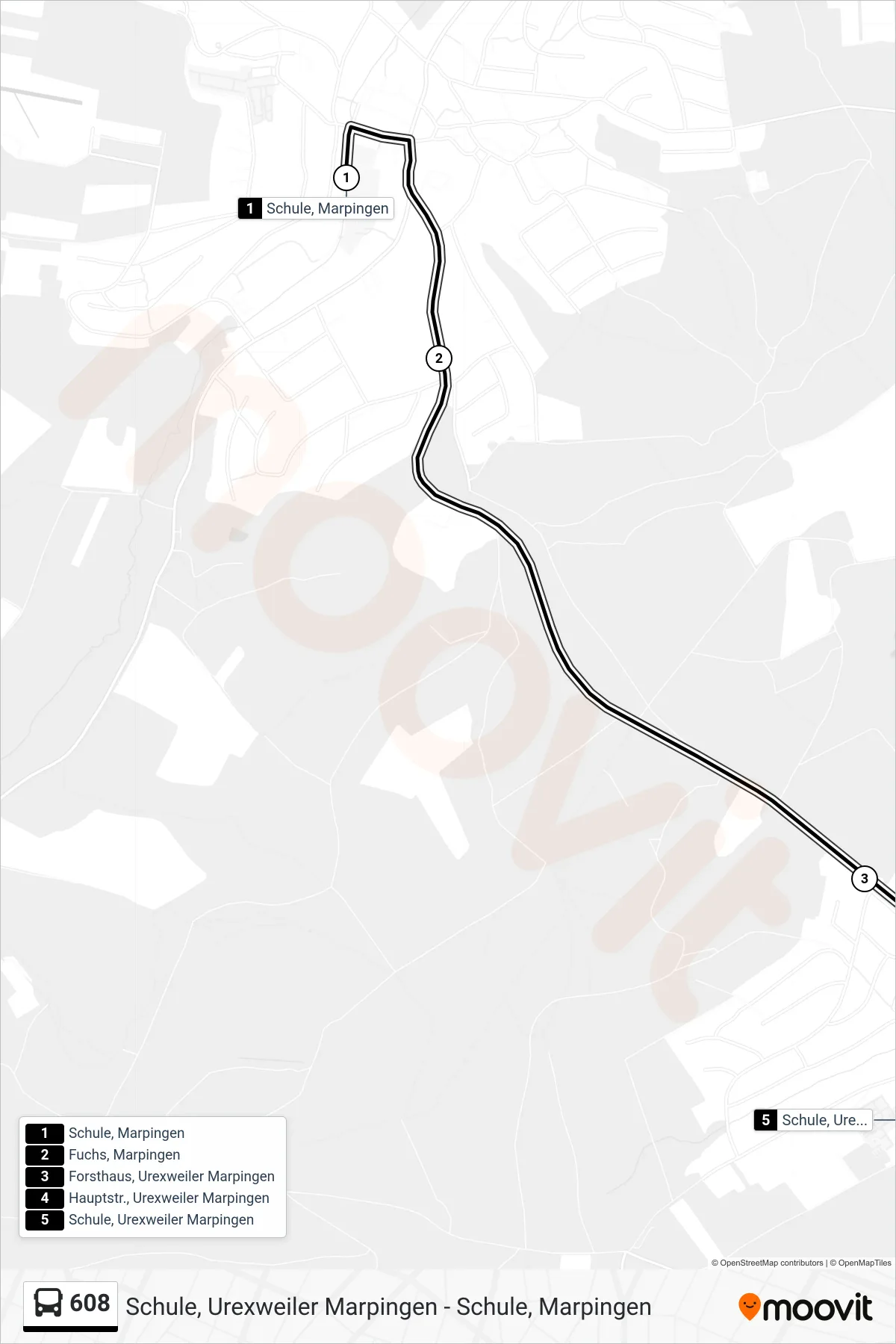 608 bus Line (Urexweiler Schule) route and stops on a map