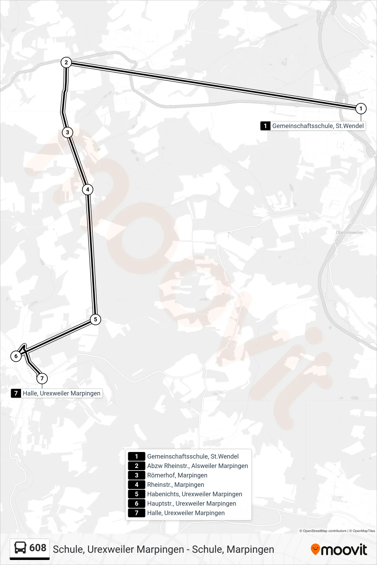 608 bus Line (Urexweiler) route and stops on a map