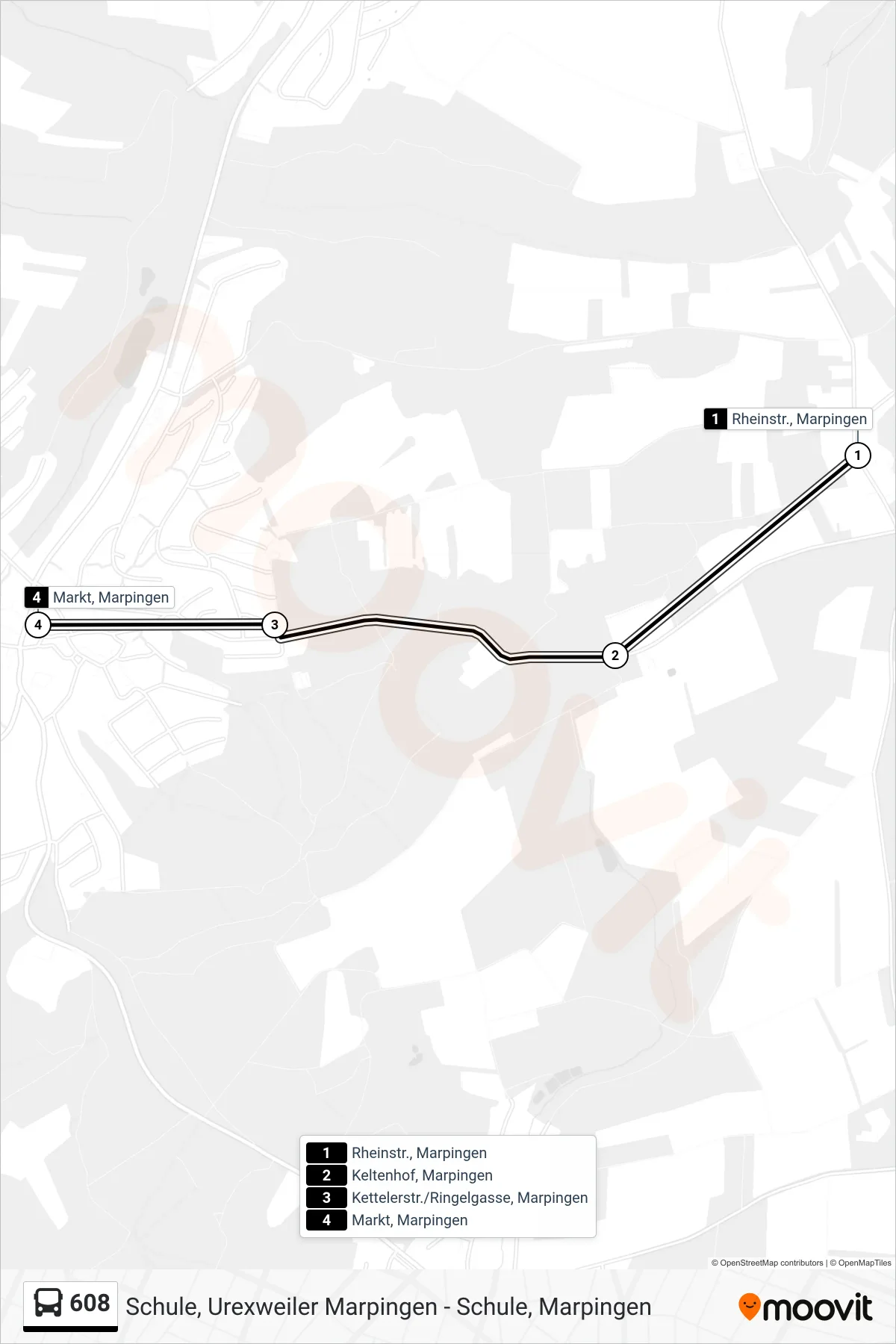 608 bus Line (Marpingenn Markt) route and stops on a map