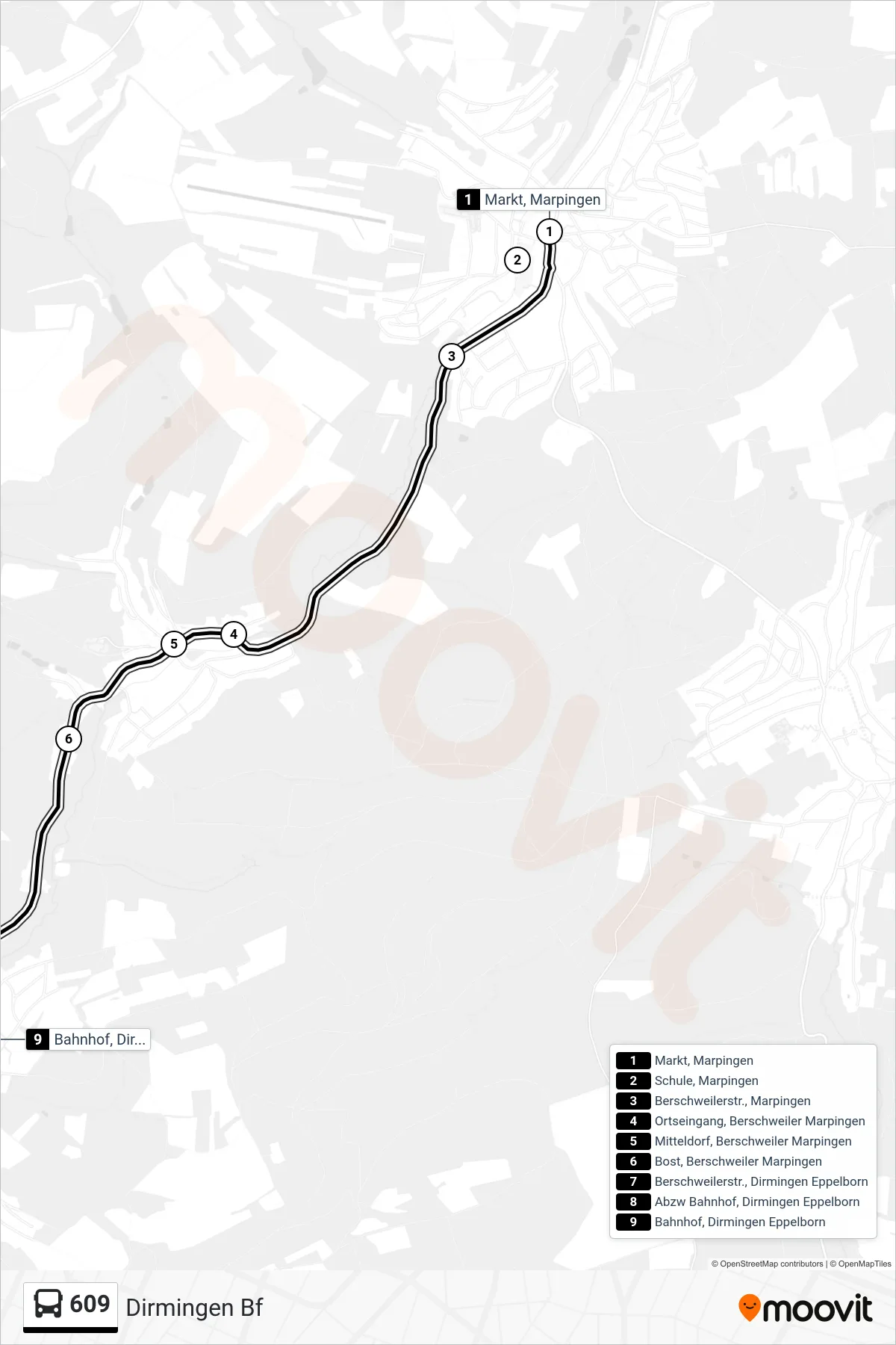 609 bus Line (Dirmingen Bf) route and stops on a map