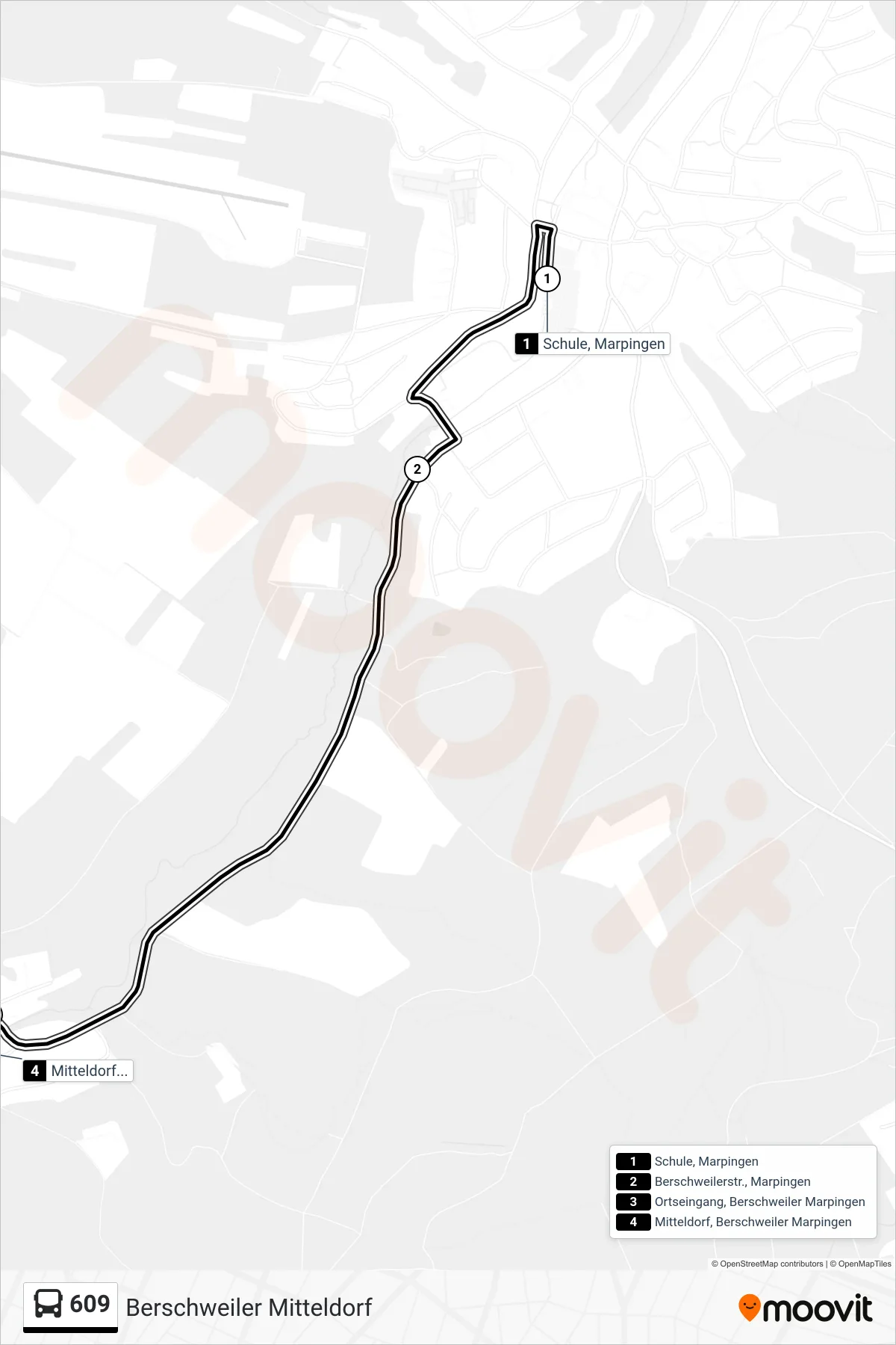 609 bus Line (Berschweiler Mitteldorf) route and stops on a map