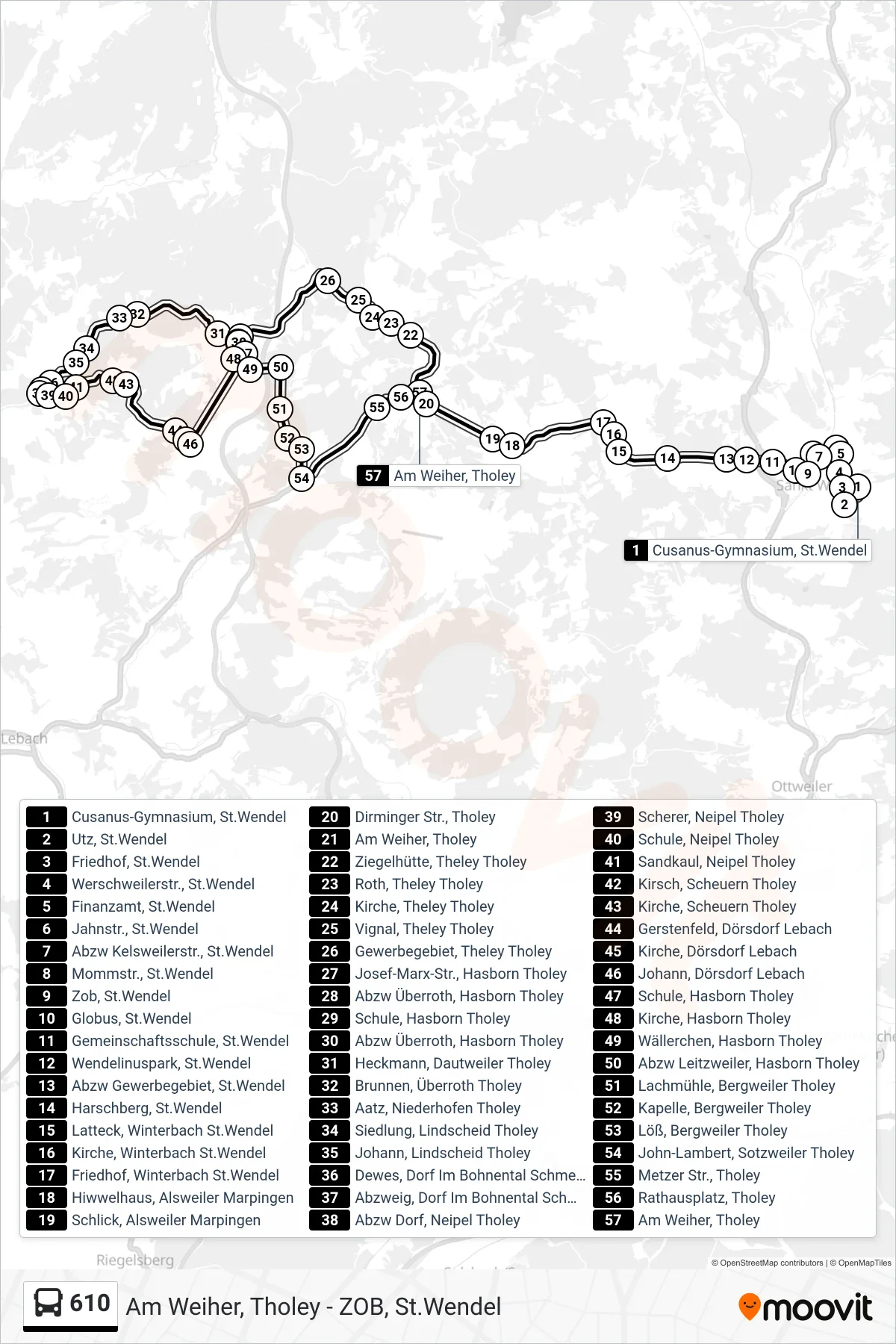 Linie 610 (Bus) Richtung Am Weiher, Tholey: Route und Haltestellen auf der Karte