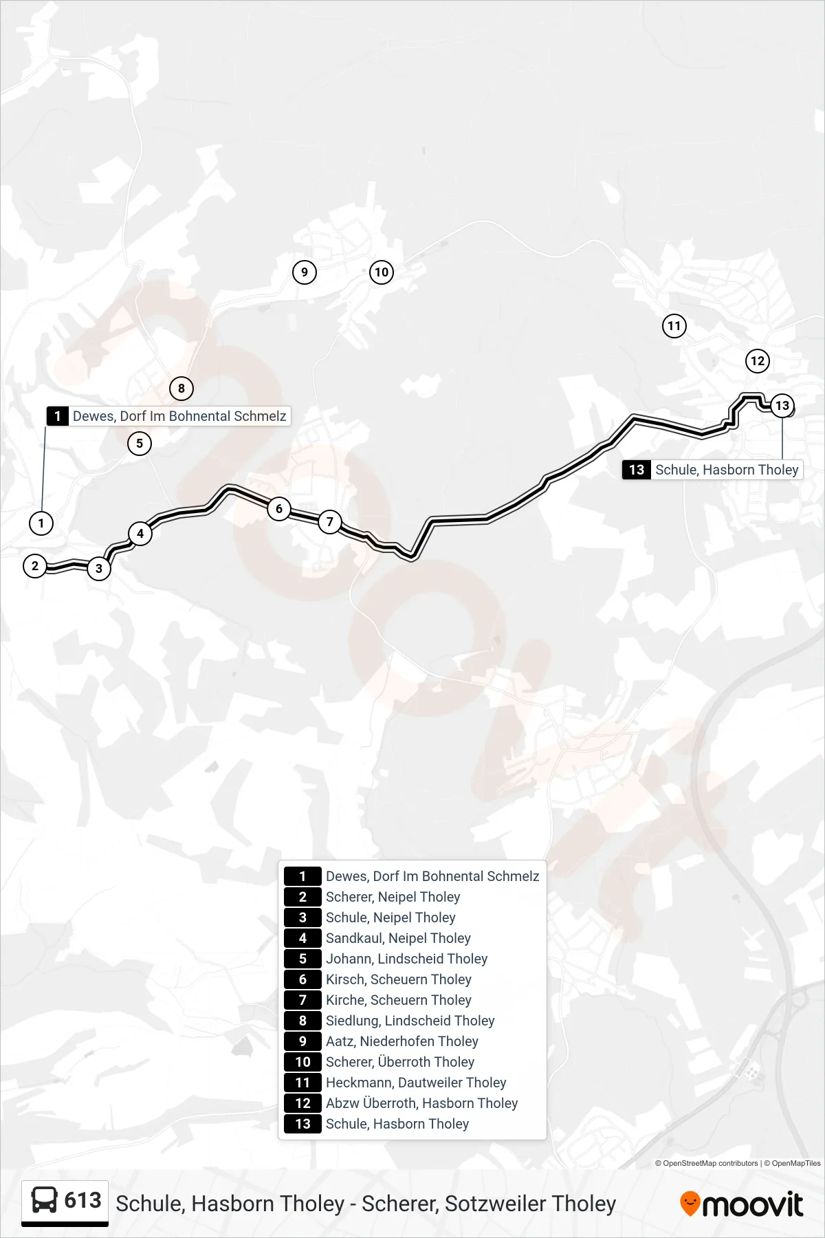 613 bus Line (Hasborn Schule) route and stops on a map