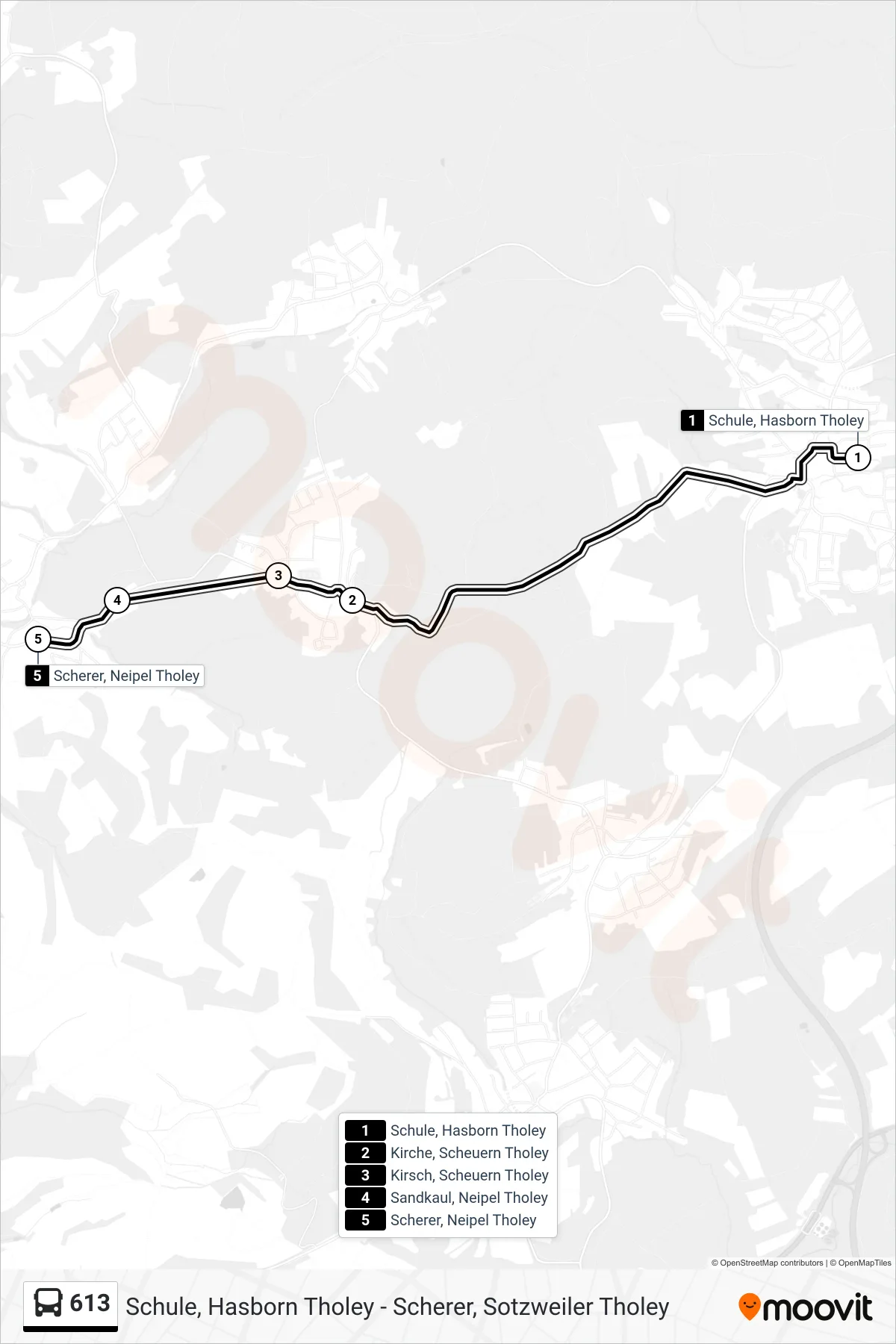 613 bus Line (Neipel Ü. Scheuern) route and stops on a map