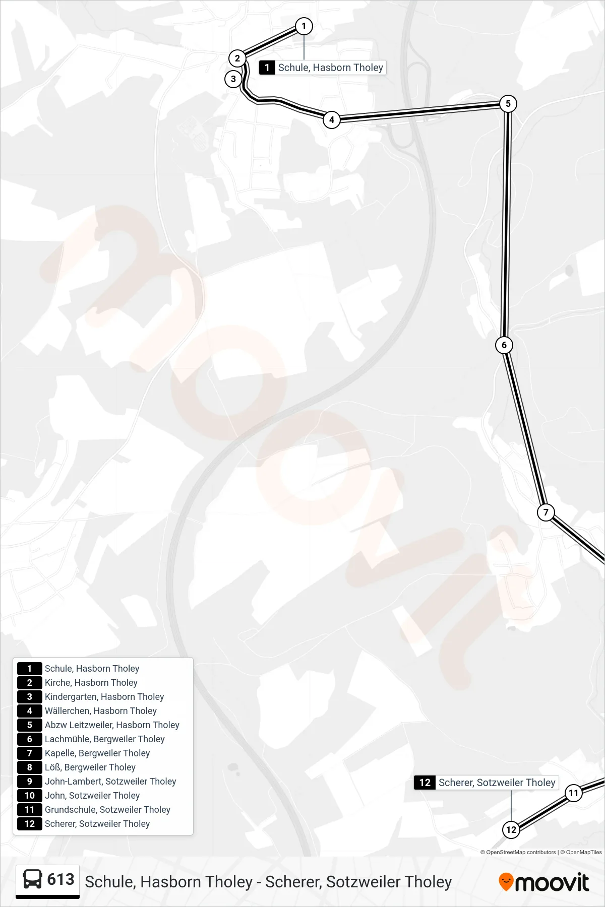 613 bus Line (Sotzweiler Scherer) route and stops on a map