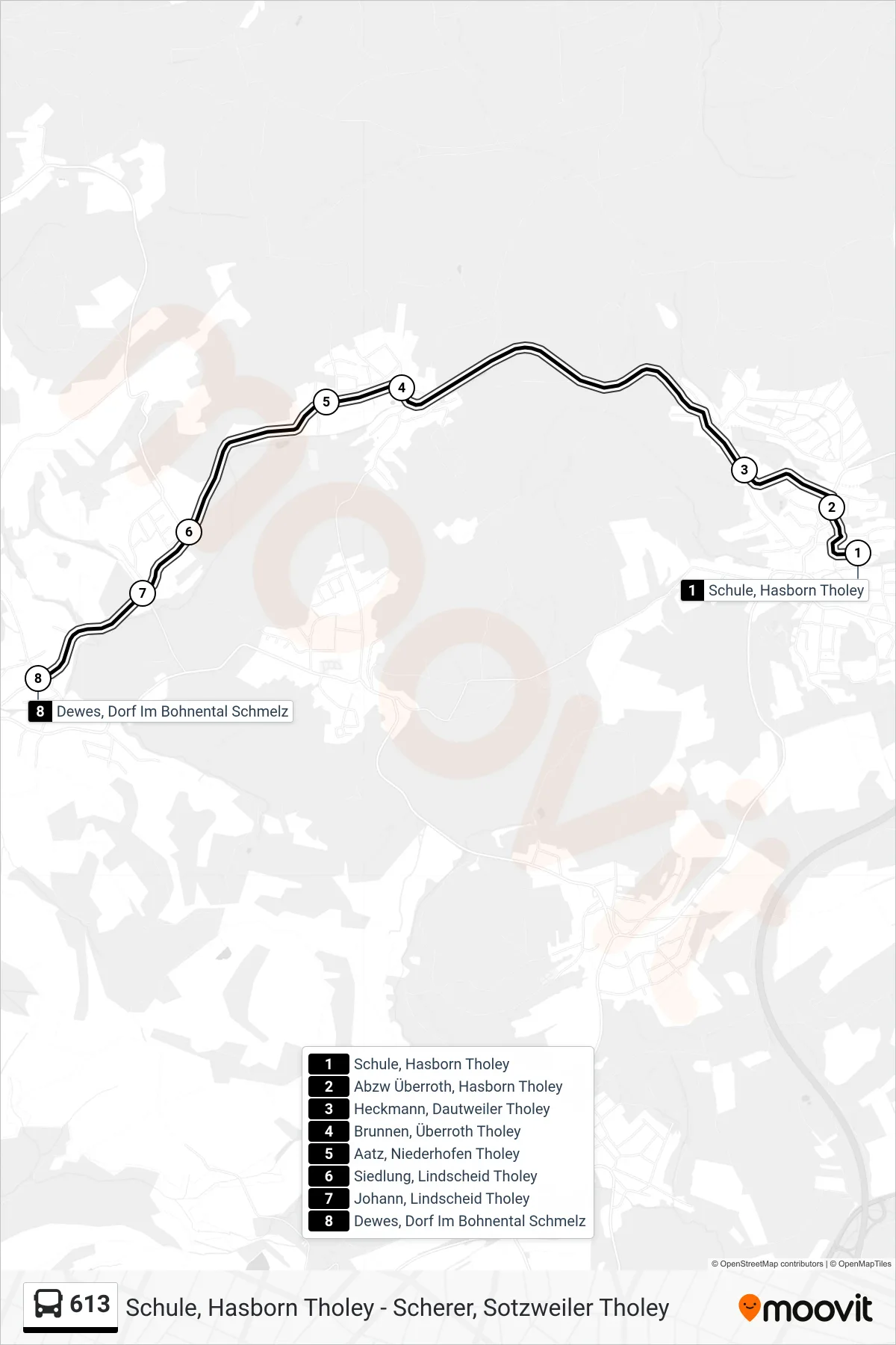 613 bus Line (Dewes, Dorf Im Bohnental Schmelz) route and stops on a map