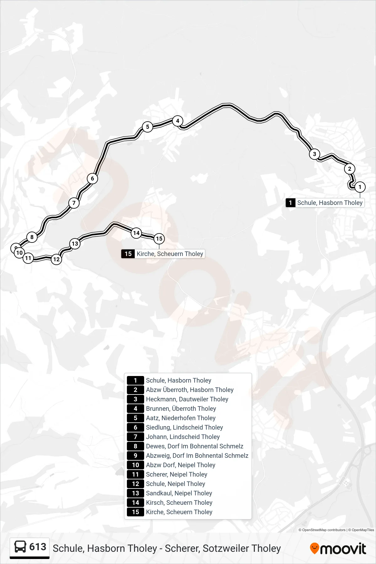 613 bus Line (Kirche, Scheuern Tholey) route and stops on a map