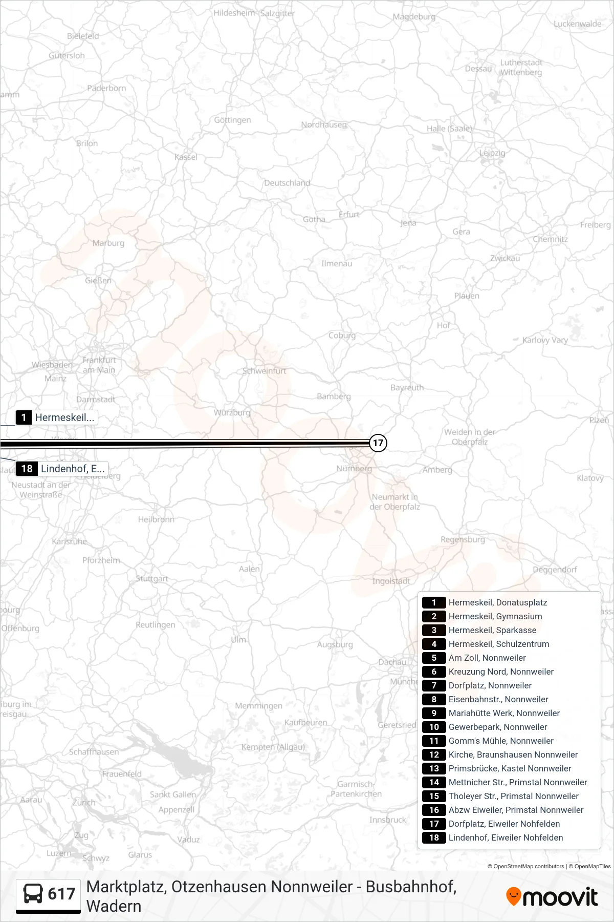 Linie 617 (Bus) Richtung Eiweiler: Route und Haltestellen auf der Karte