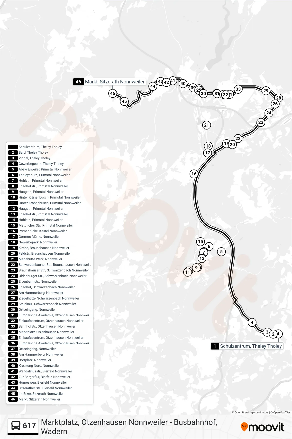617 bus Line (Markt, Sitzerath Nonnweiler) route and stops on a map
