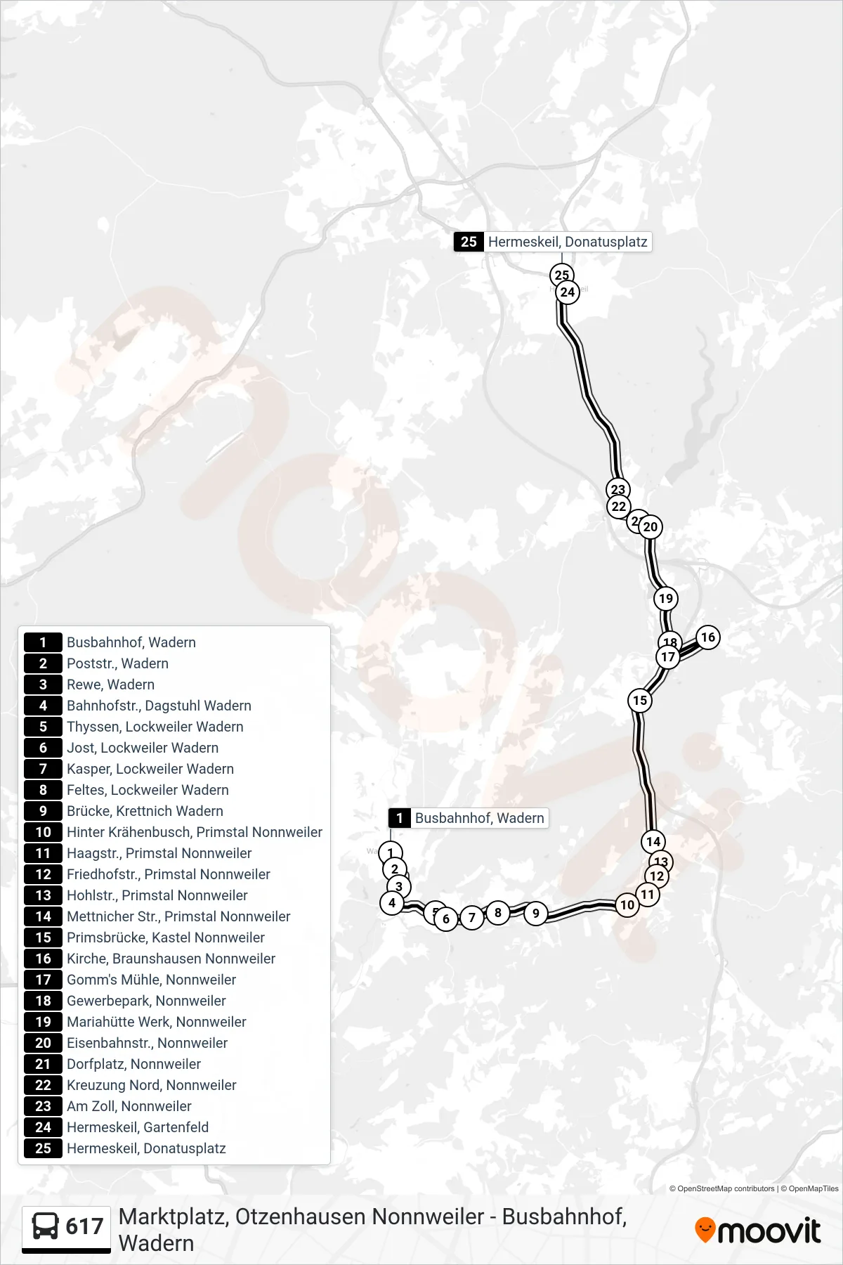 617 bus Line (Hermeskeil, Donatusplatz) route and stops on a map