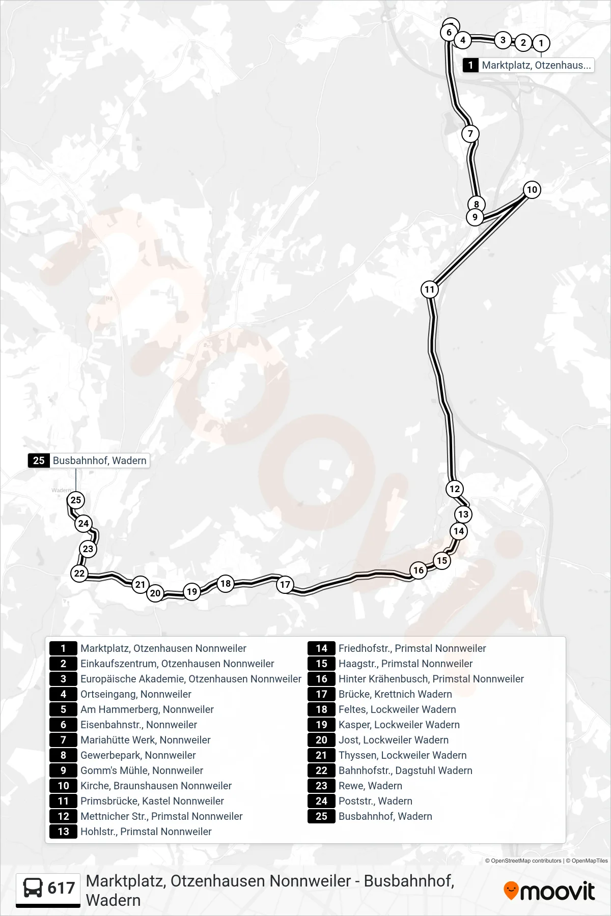 617 bus Line (Busbahnhof, Wadern) route and stops on a map