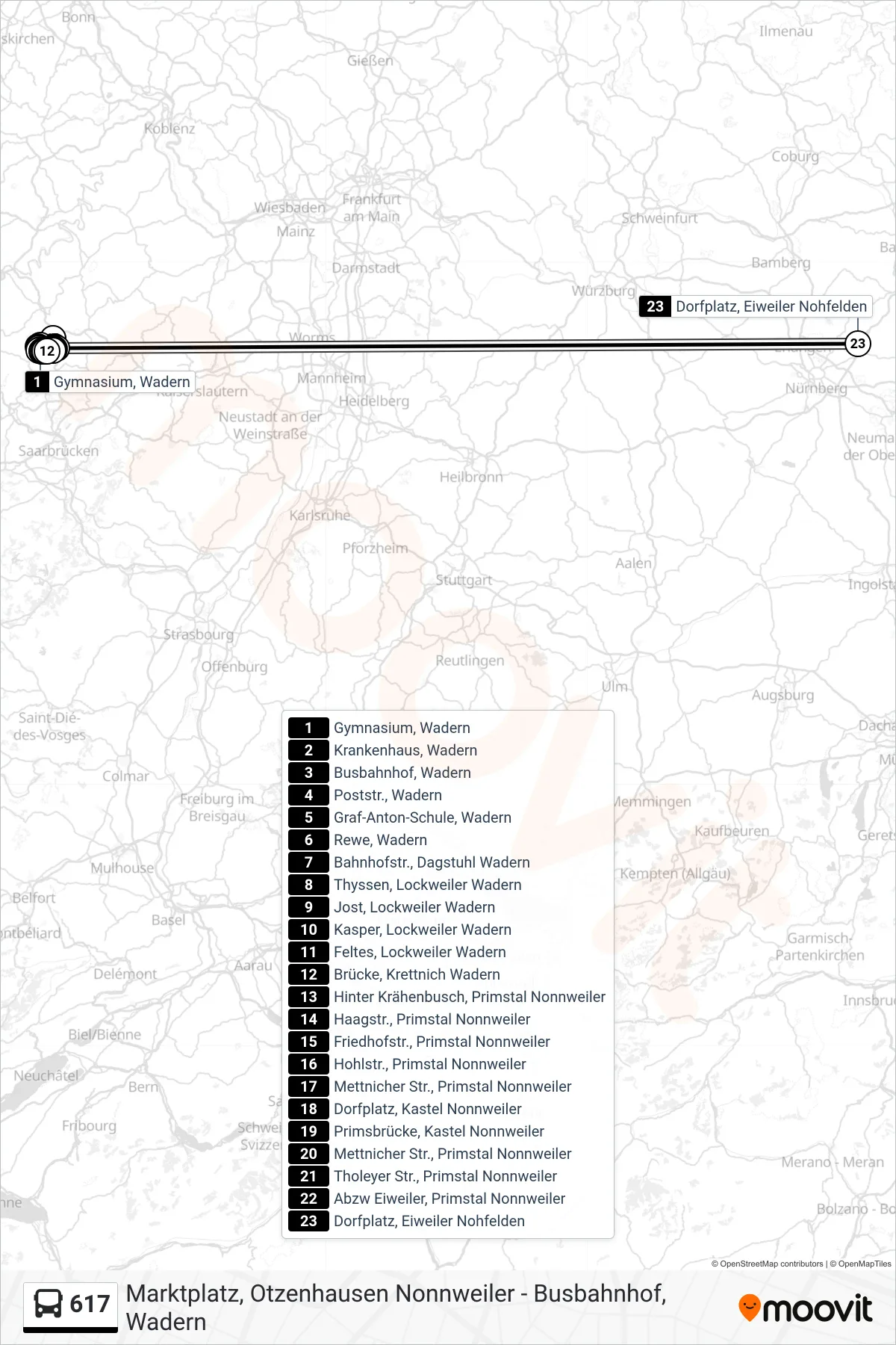 617 bus Line (Eiweiler) route and stops on a map