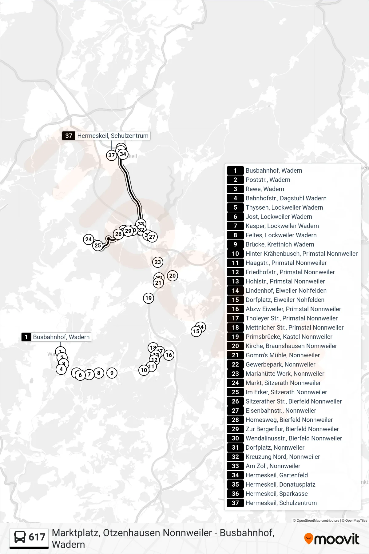 617 bus Line (Hermeskeil, Schulzentrum) route and stops on a map