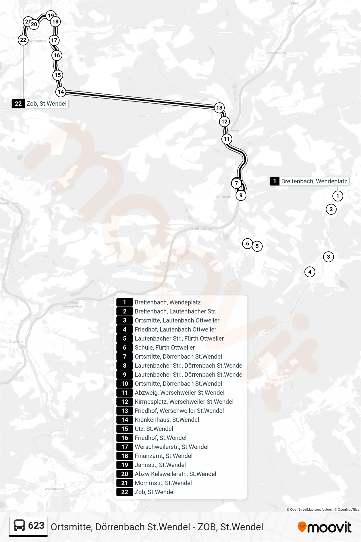 623 bus Line (Zob, St.Wendel) route and stops on a map