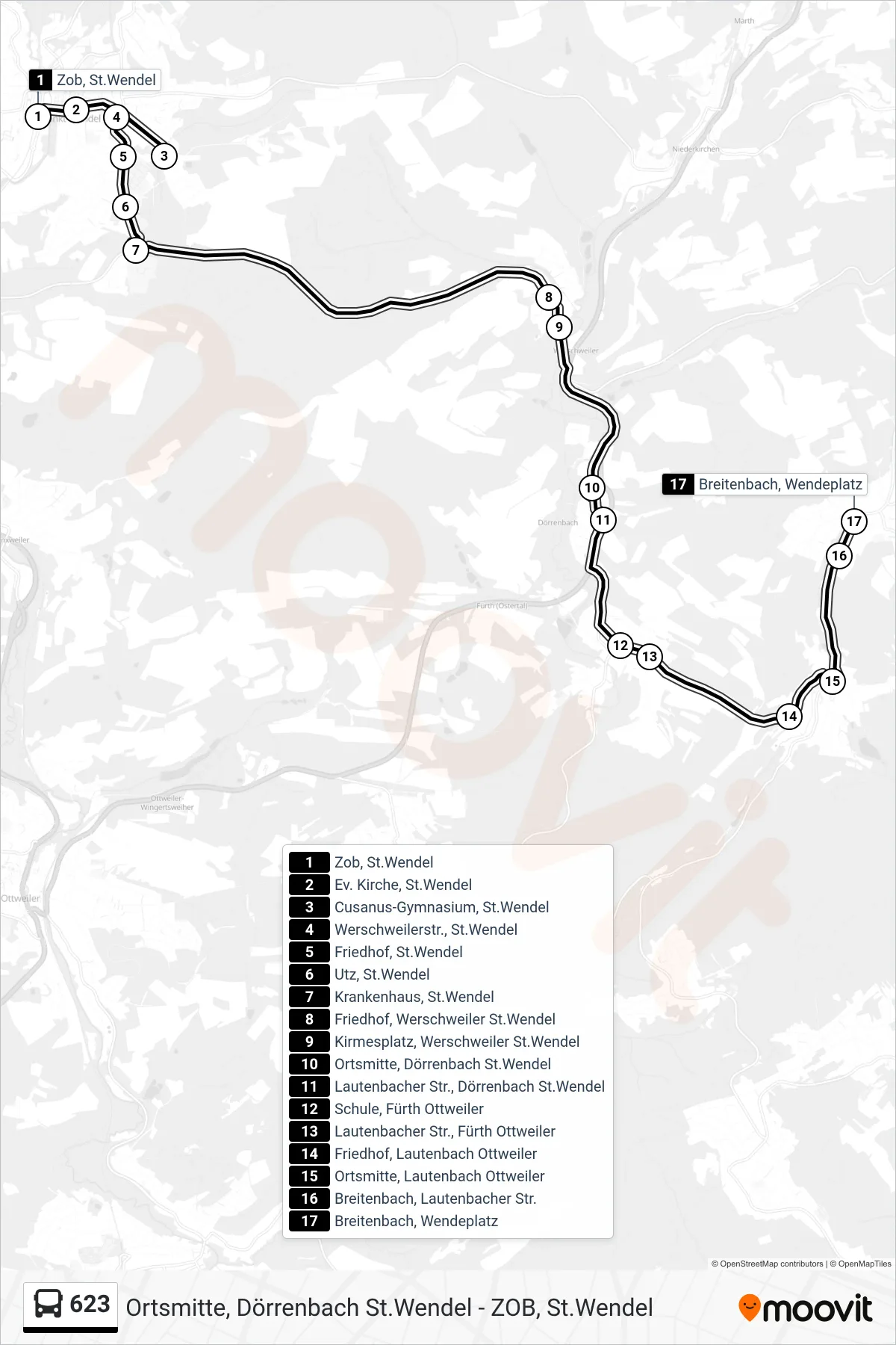 623 bus Line (Breitenbach Über Werschweiler) route and stops on a map