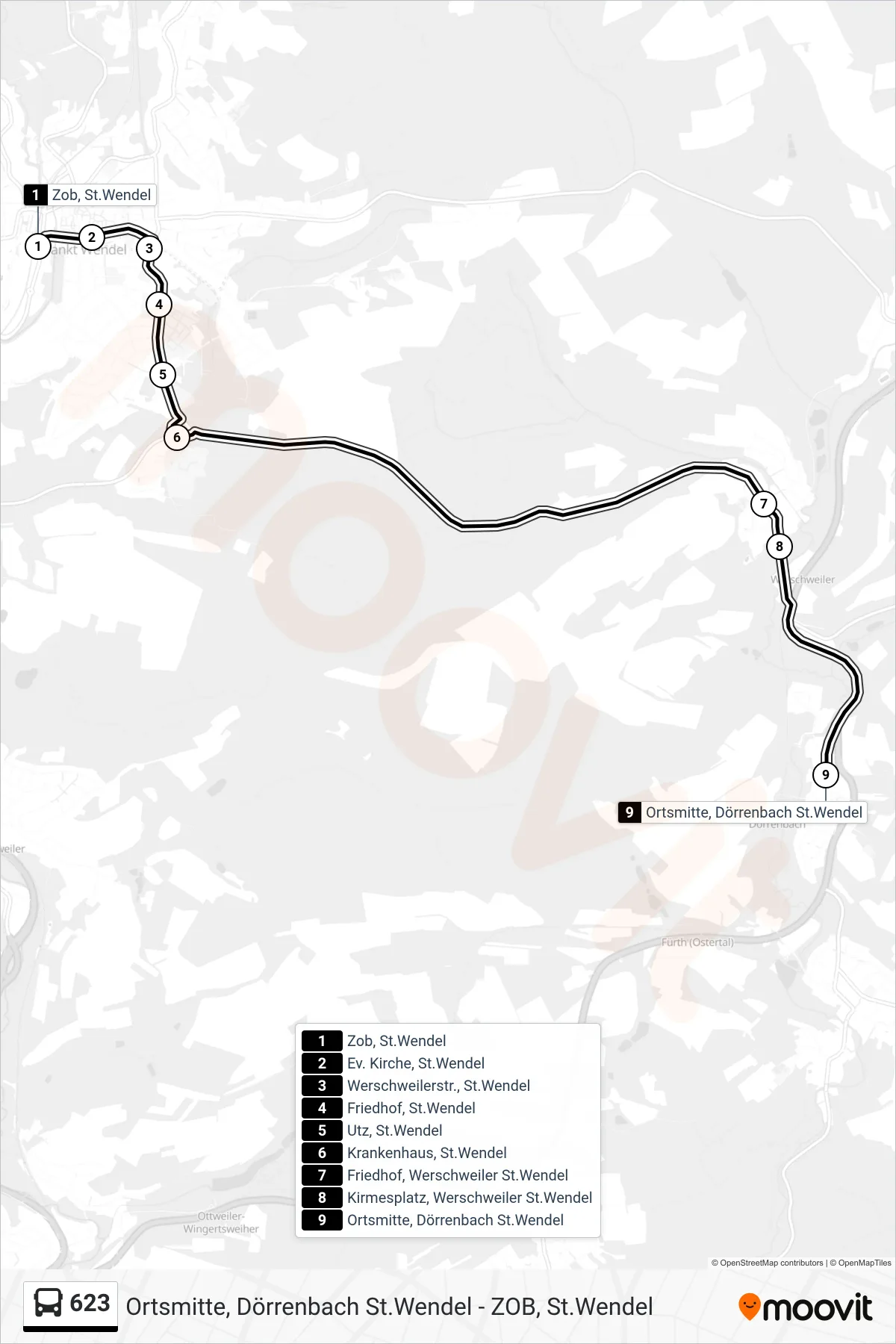 623 bus Line (Ortsmitte, Dörrenbach St.Wendel) route and stops on a map