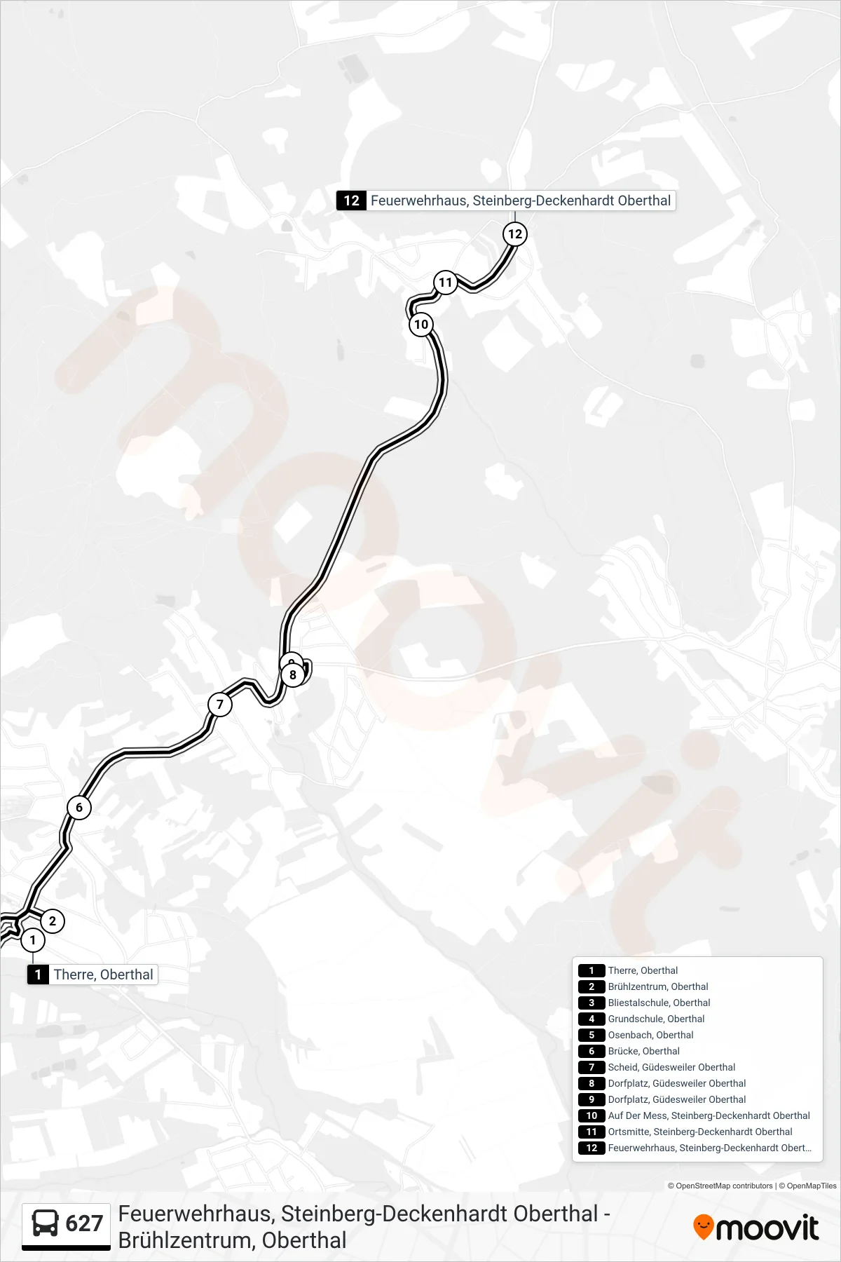 627 bus Line (Steinb.-Deckenh. Feuerw.) route and stops on a map