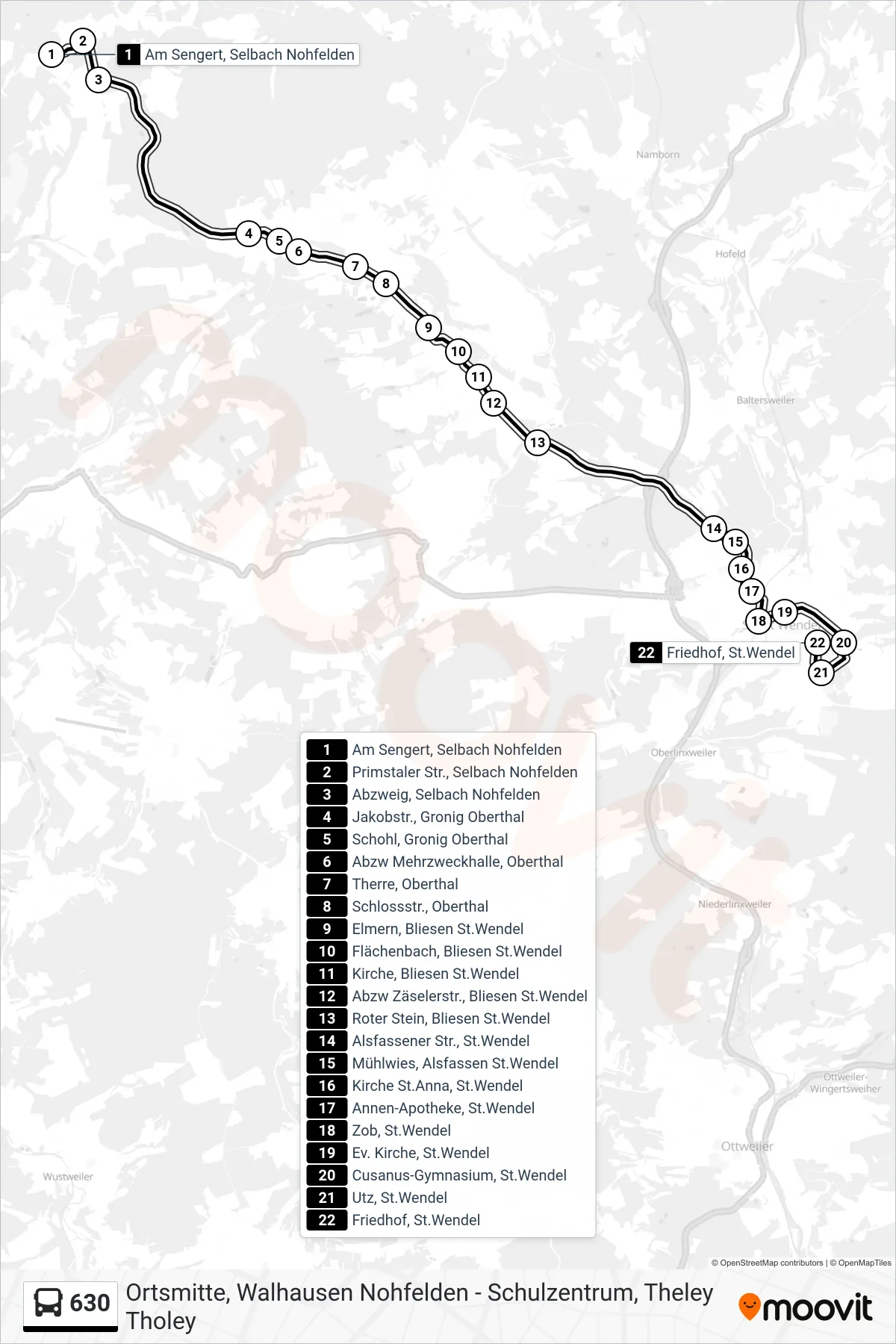 Linie 630 (Bus) Richtung St. Wendel Friedhof: Route und Haltestellen auf der Karte