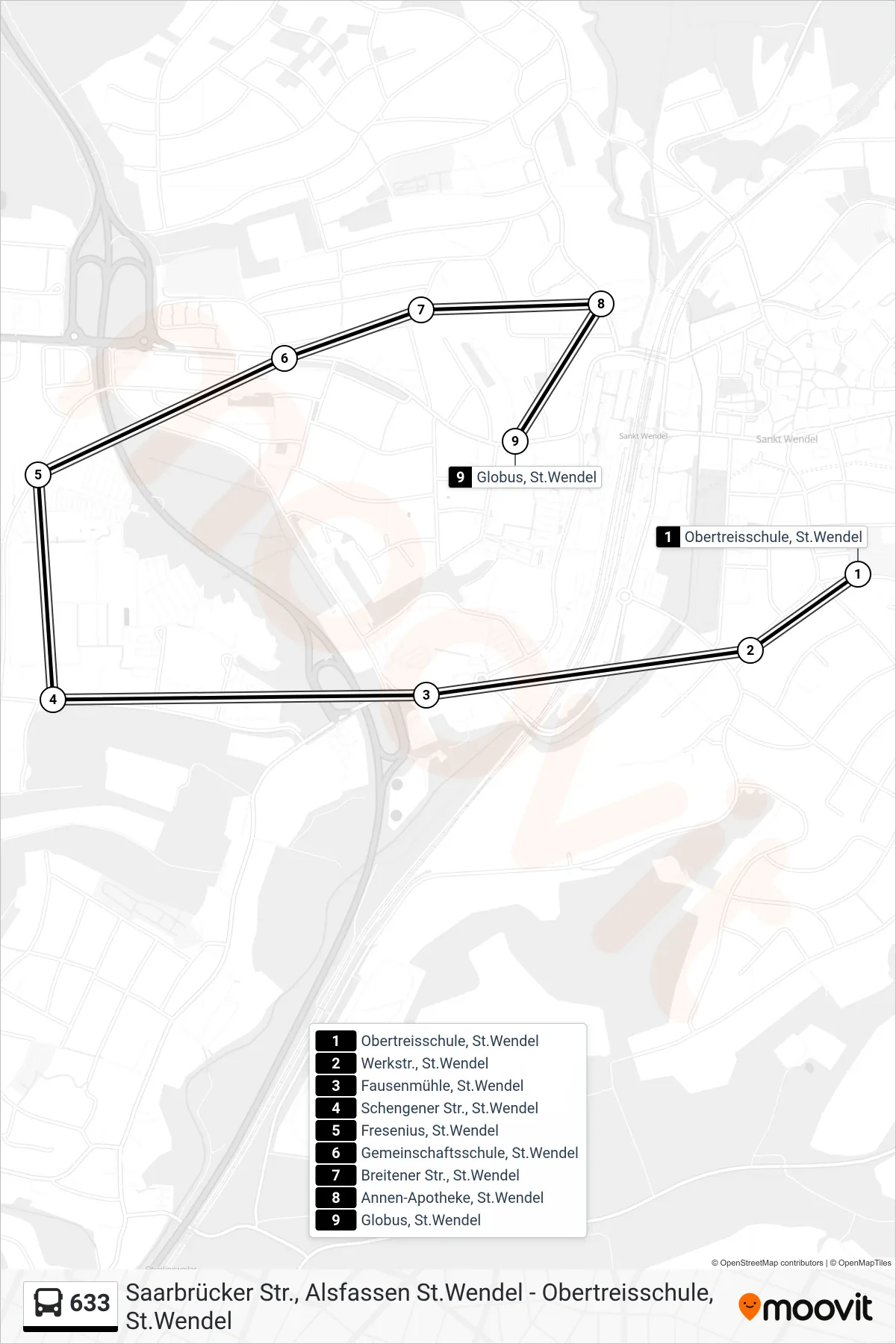 633 bus Line (Wnd Annen - Apotheke) route and stops on a map