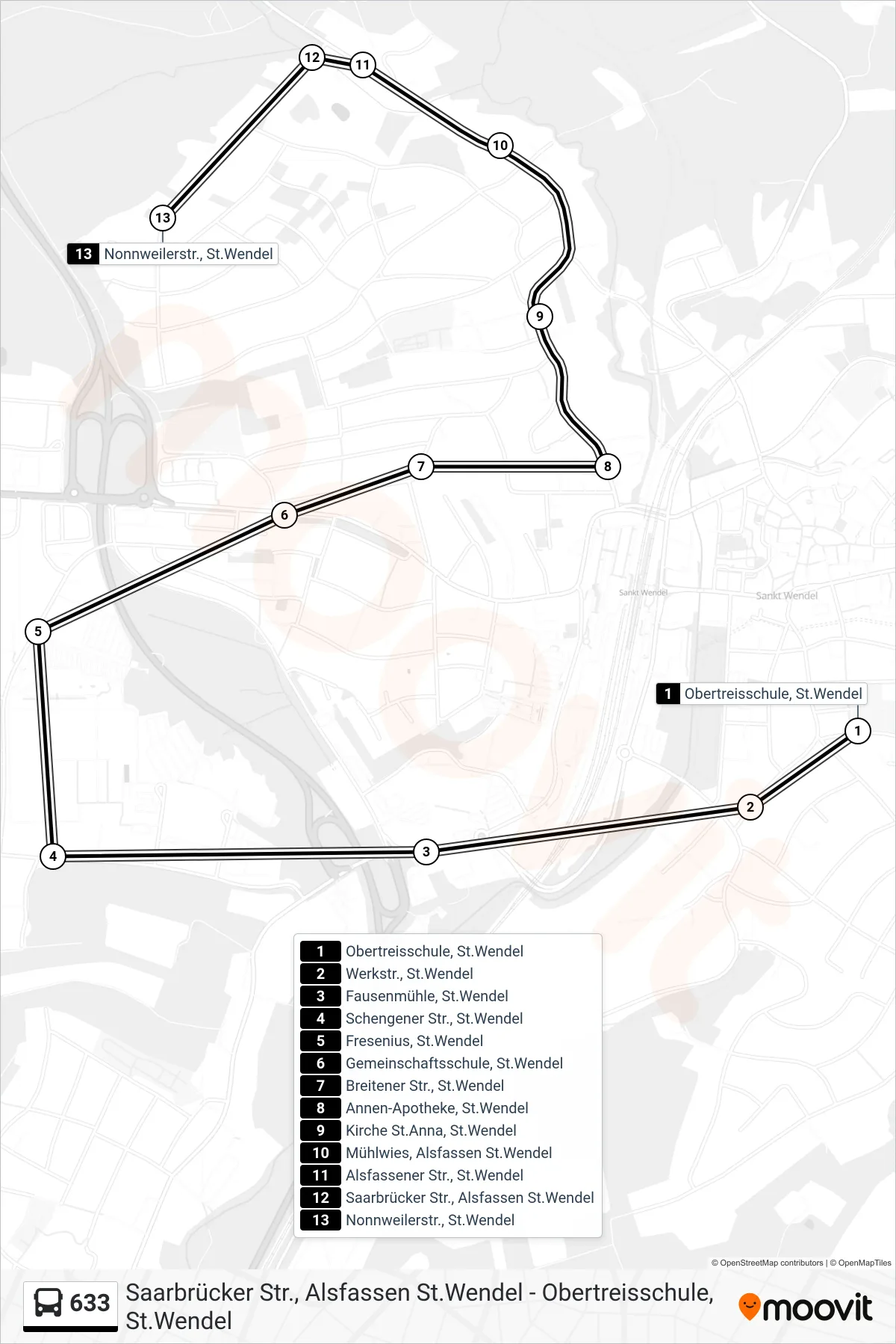 633 bus Line (St. Wendel Alsfassen) route and stops on a map