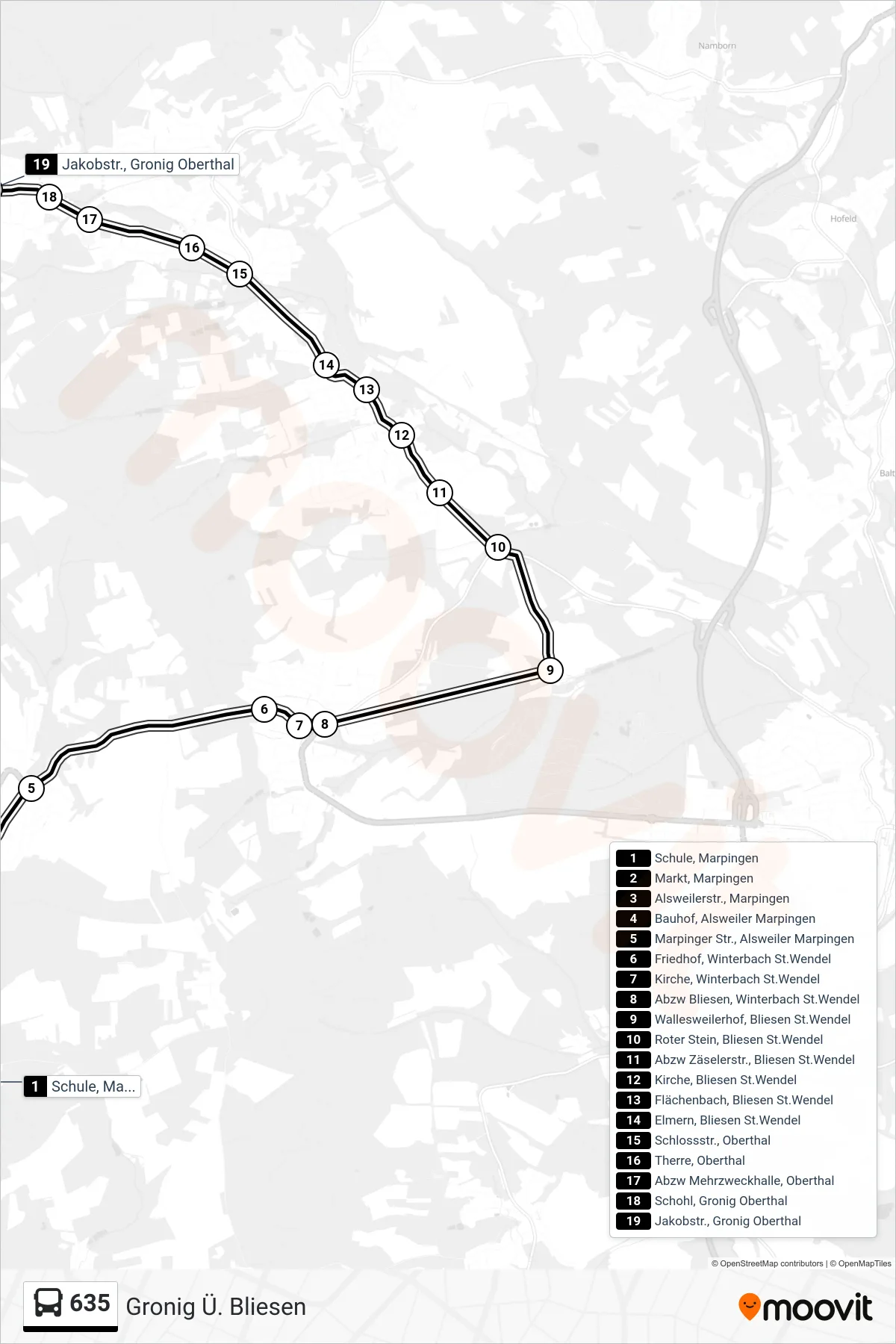 635 bus Line (Gronig Ü. Bliesen) route and stops on a map