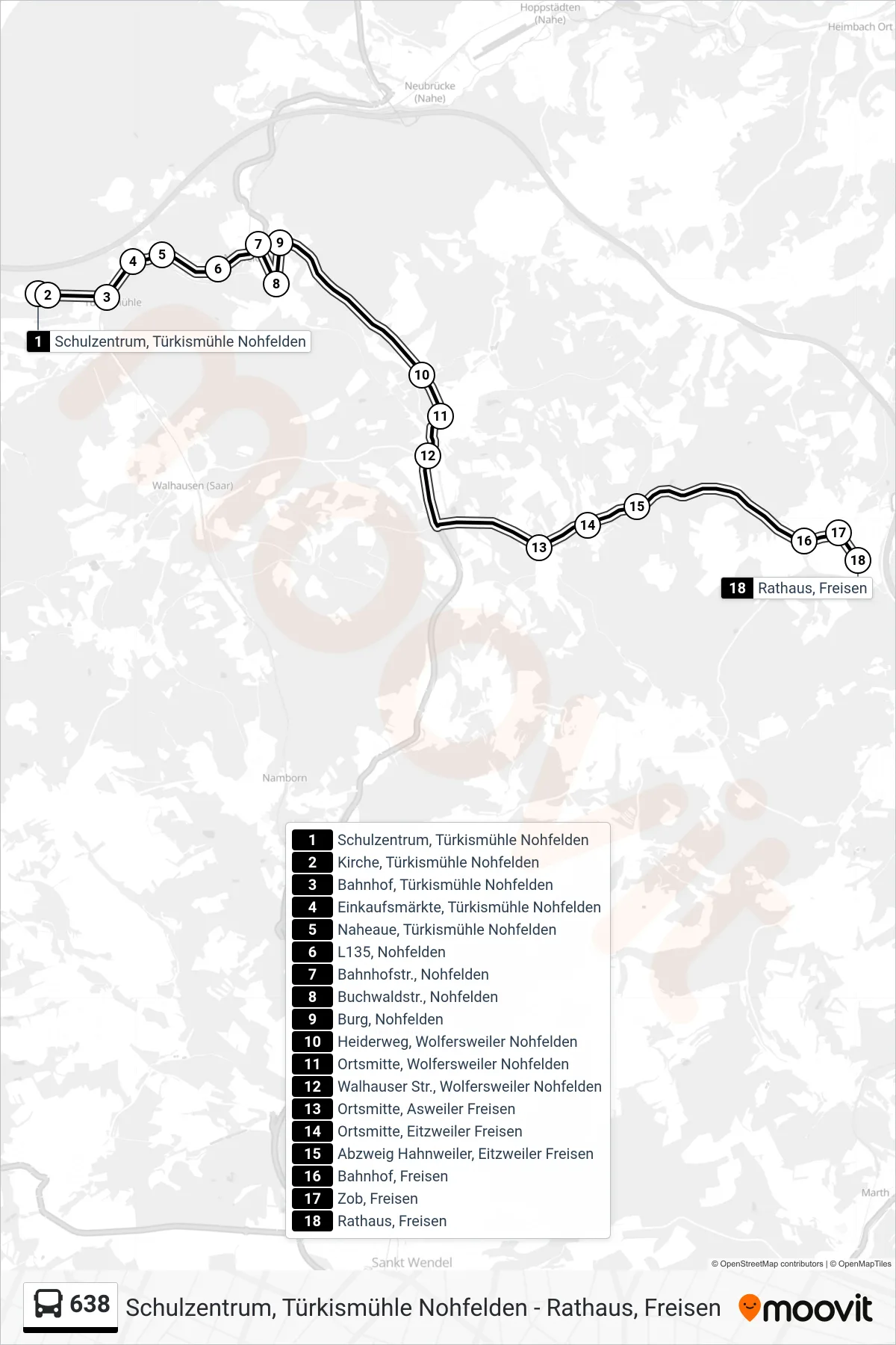 638 bus Line (Rathaus, Freisen) route and stops on a map