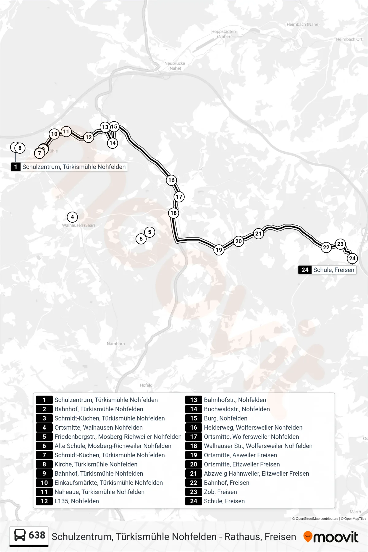 638 bus Line (Schule, Freisen) route and stops on a map