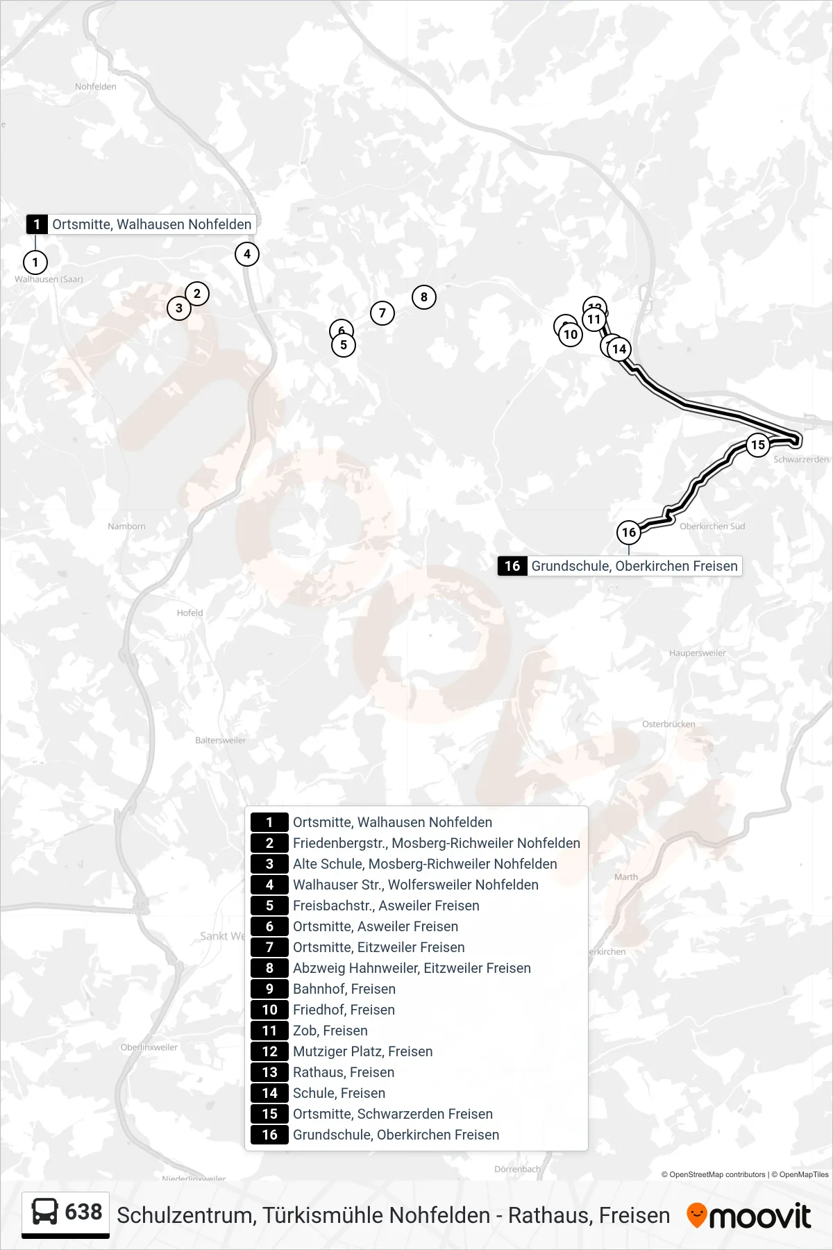 638 bus Line (Oberkirchen Grundschule) route and stops on a map