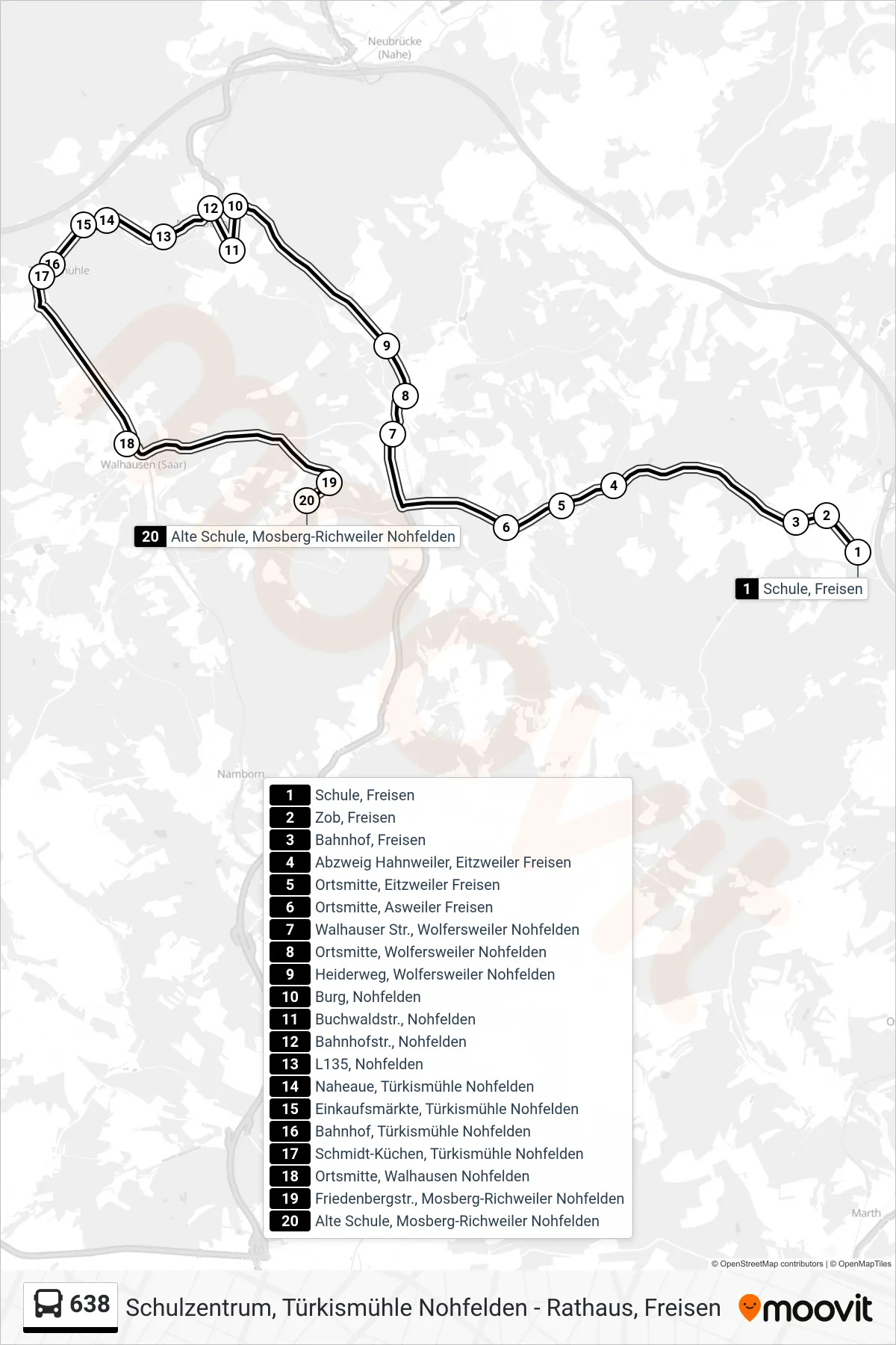 638 bus Line (Mosberg-Richweiler) route and stops on a map