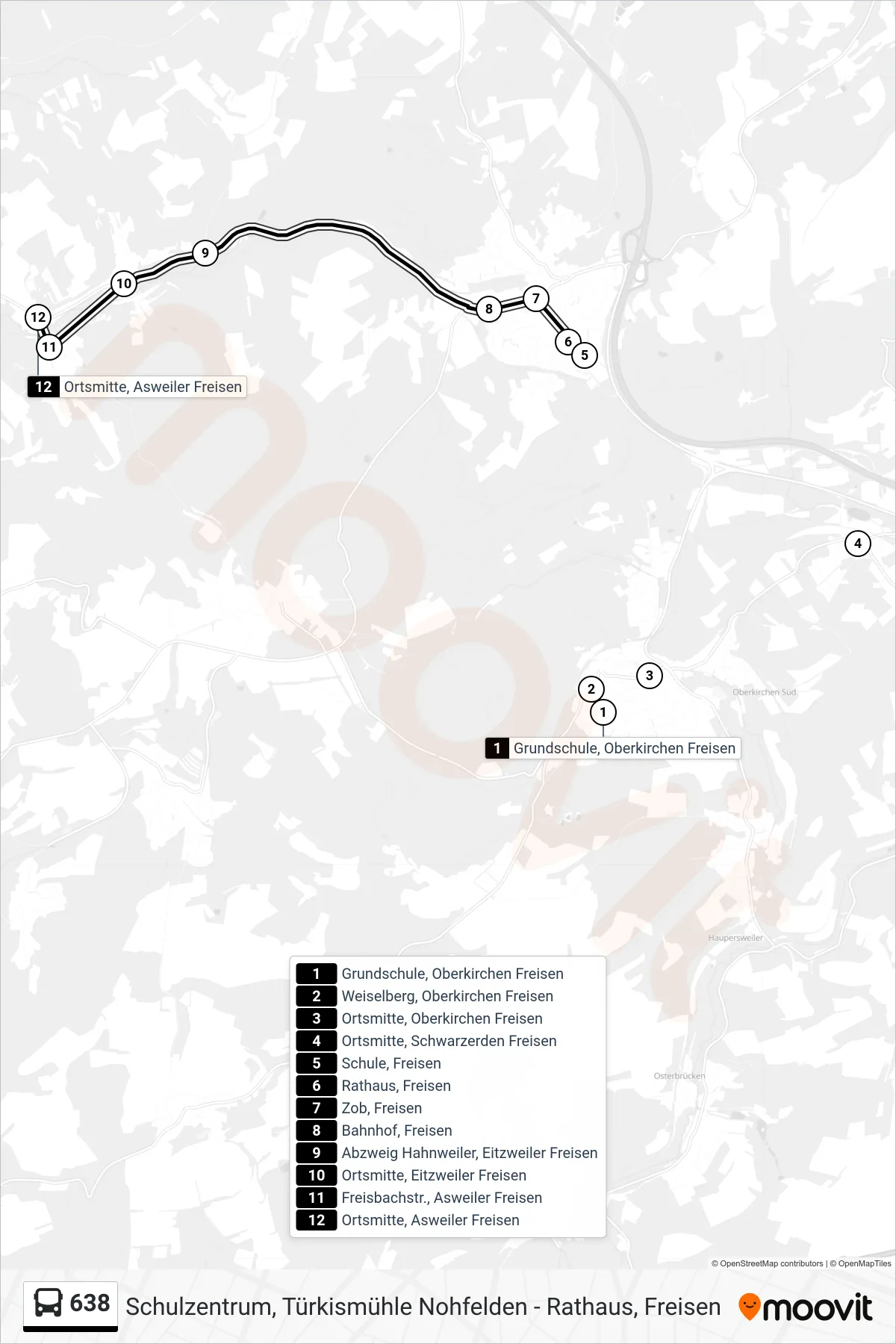 638 bus Line (Asweiler) route and stops on a map