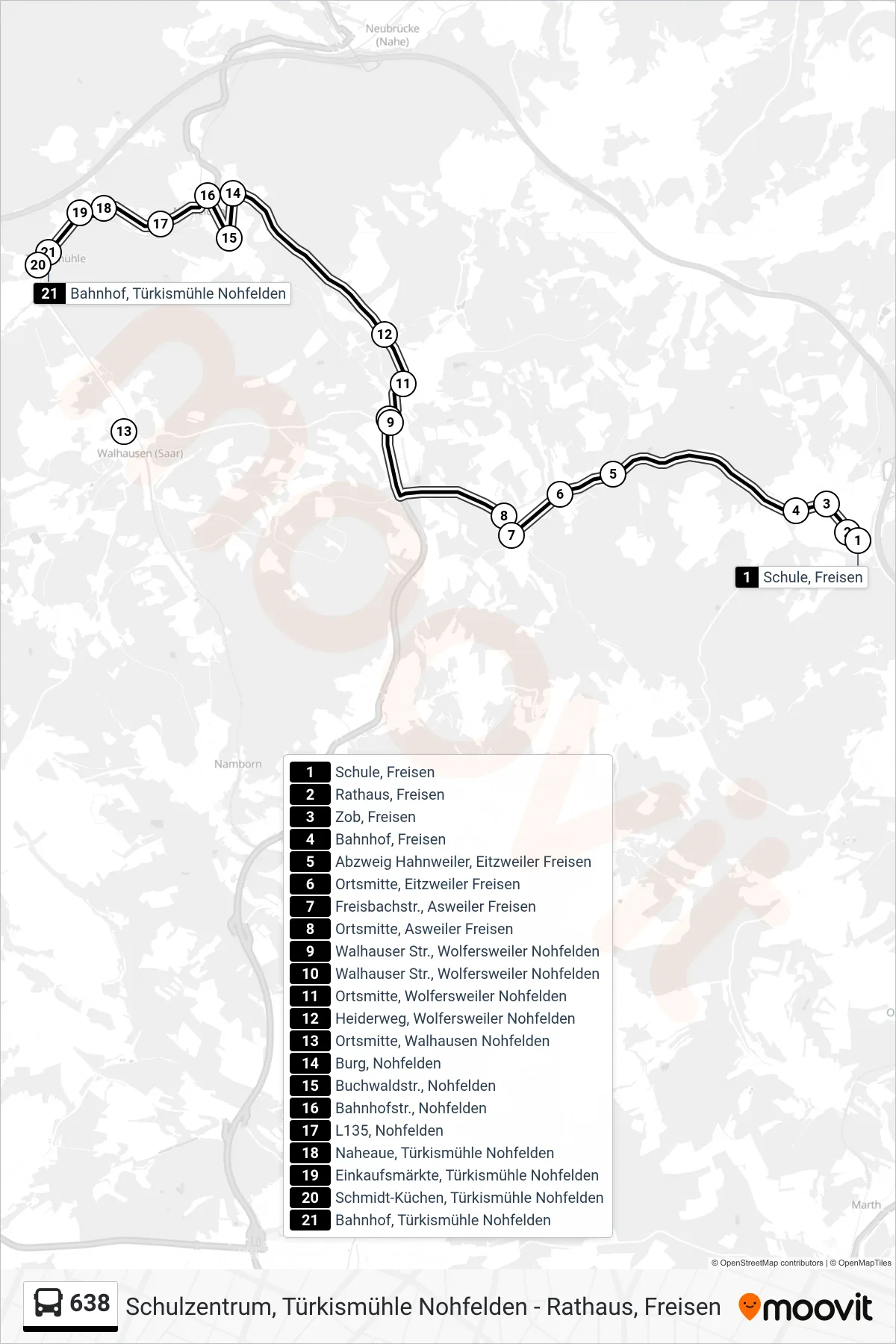 638 bus Line (Bahnhof, Türkismühle Nohfelden) route and stops on a map