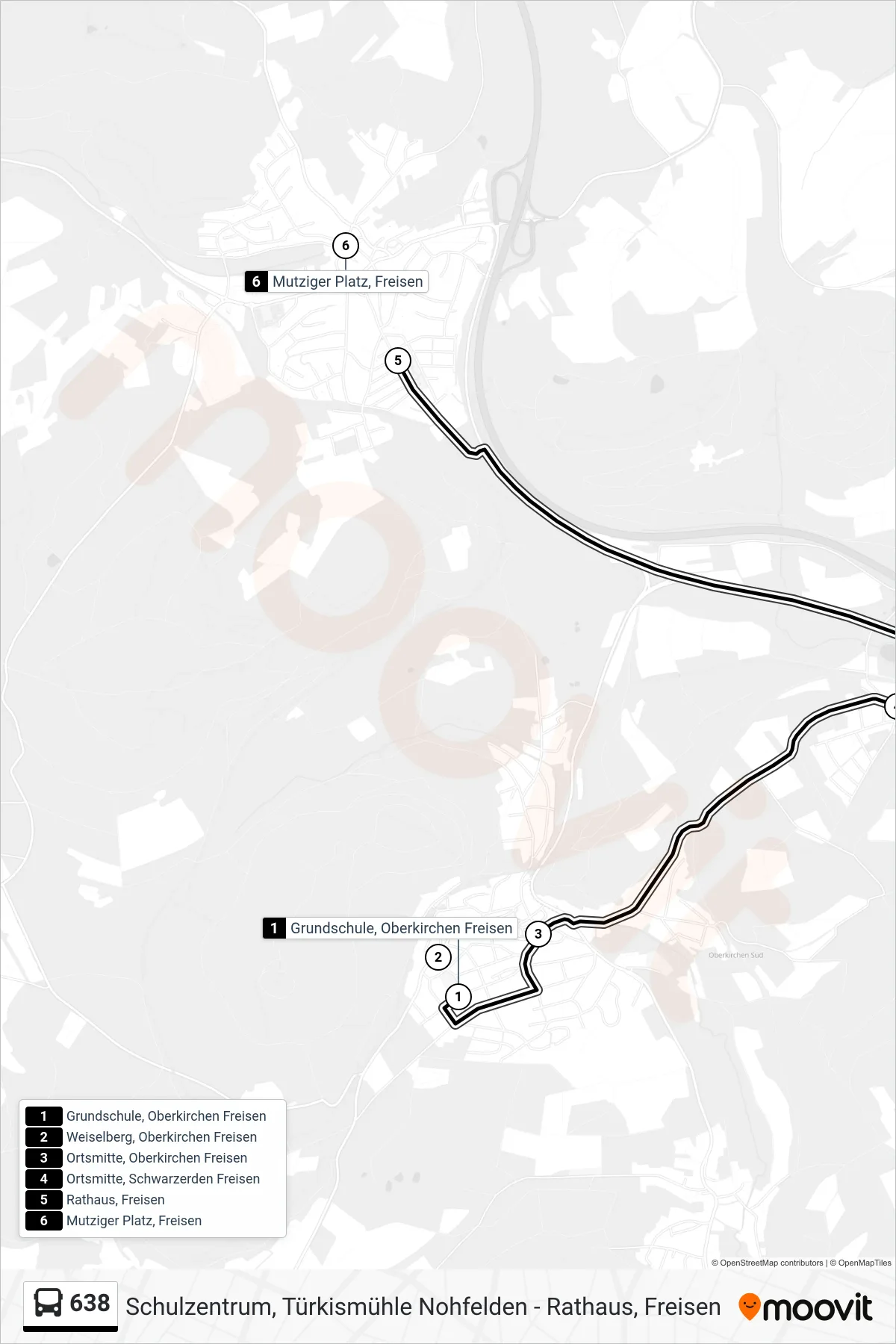 638 bus Line (Freisen) route and stops on a map