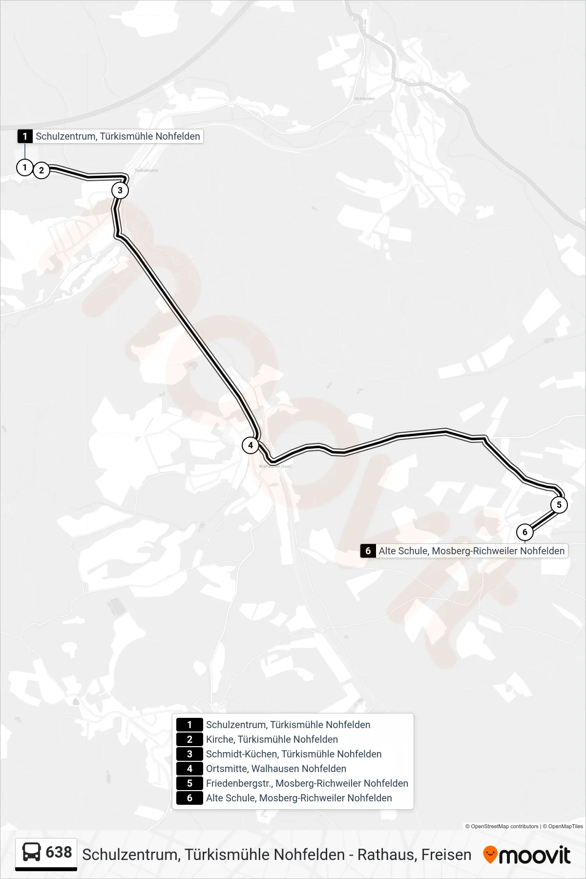 638 bus Line (Mosberg-Richweiler) route and stops on a map
