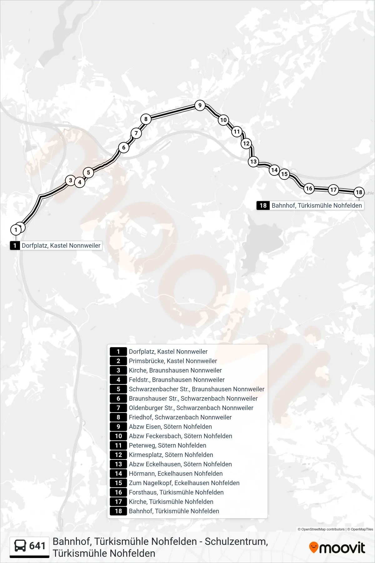 641 bus Line (Türkismühle Ü. Eisen) route and stops on a map