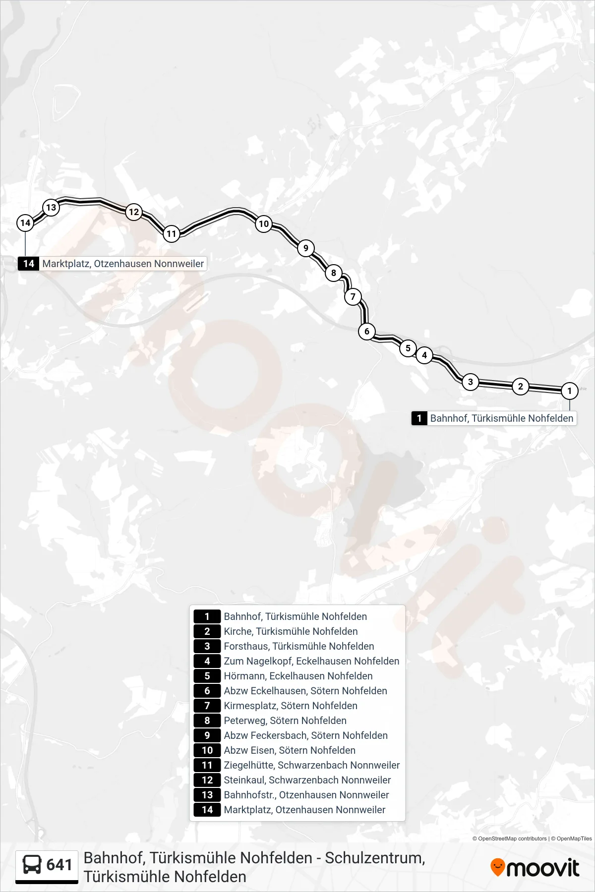 641 bus Line (Otzenhausen) route and stops on a map