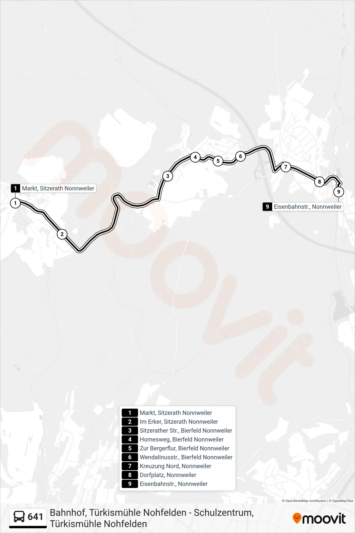 641 bus Line (Nonnweiler Ü. Bierfeld) route and stops on a map
