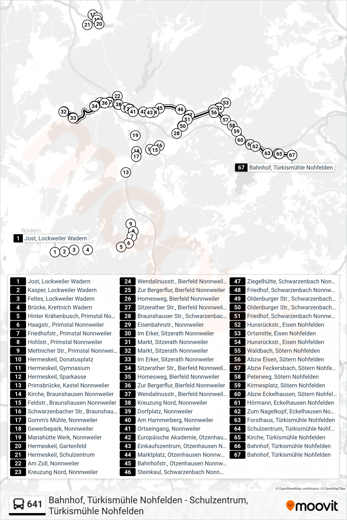 641 bus Line (Bahnhof, Türkismühle Nohfelden) route and stops on a map