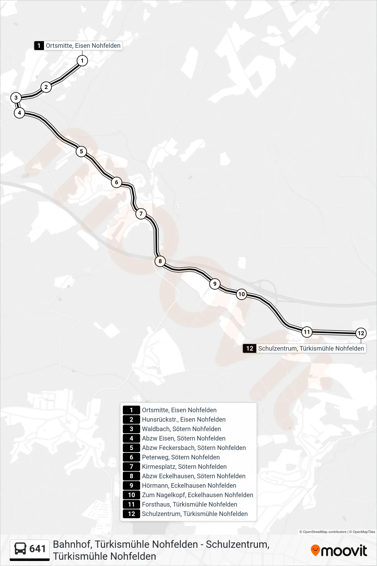 641 bus Line (Türkismühle Schulzentrum) route and stops on a map